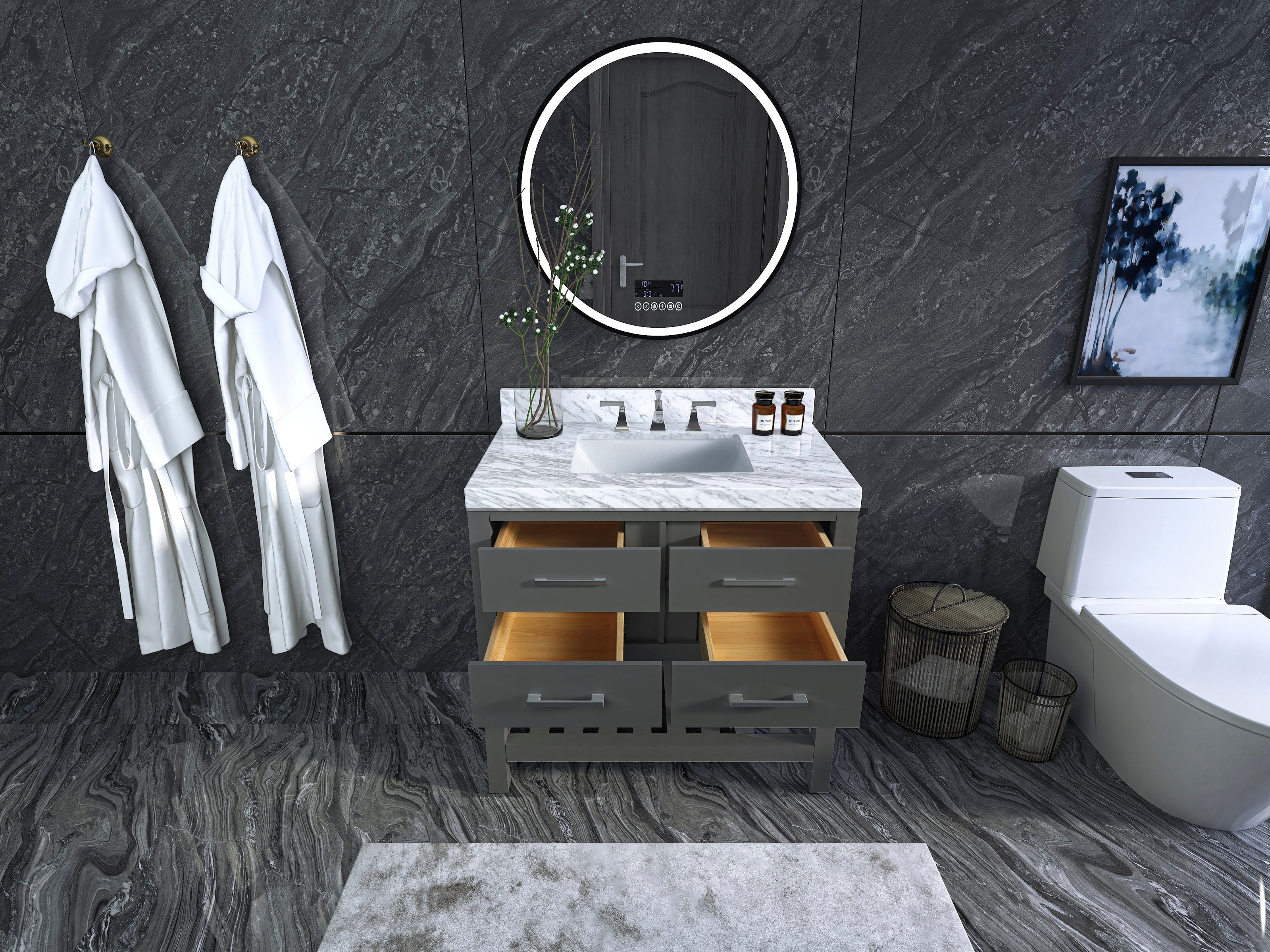 Modern 36-inch solid wood single-sink bathroom vanity in stone finish with a marble stone top, undermount ceramic sink, brushed metal faucet, four open drawers showing wood interiors, round LED mirror and dark stone tile walls.