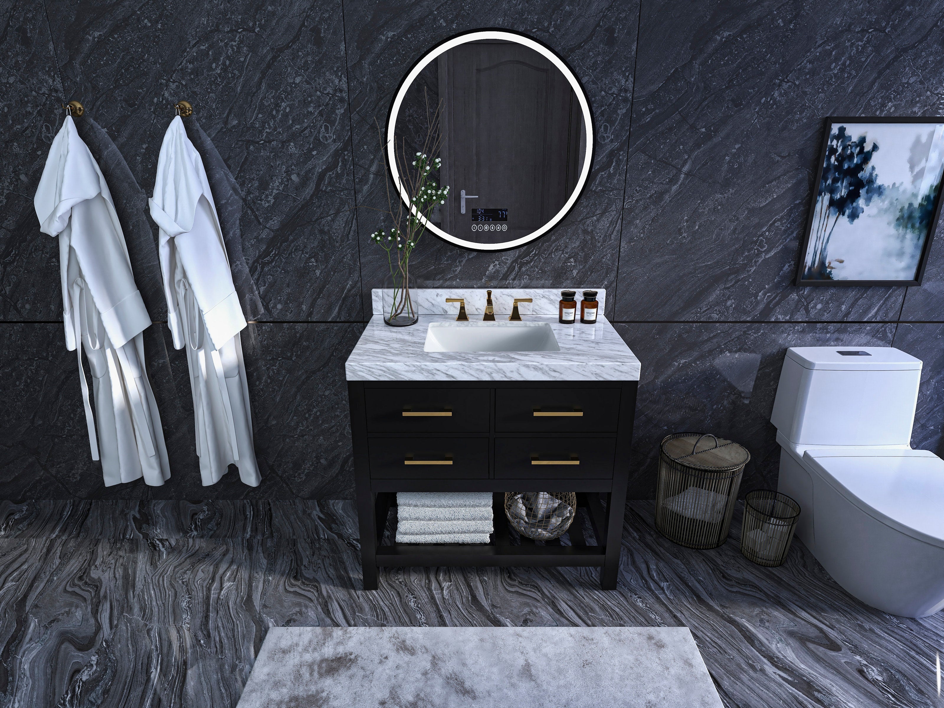 36-inch modern solid wood single-sink vanity with stone marble top, black wooden base, brass drawer pulls, an undermount white sink, round LED mirror and dark stone walls in a contemporary bathroom.