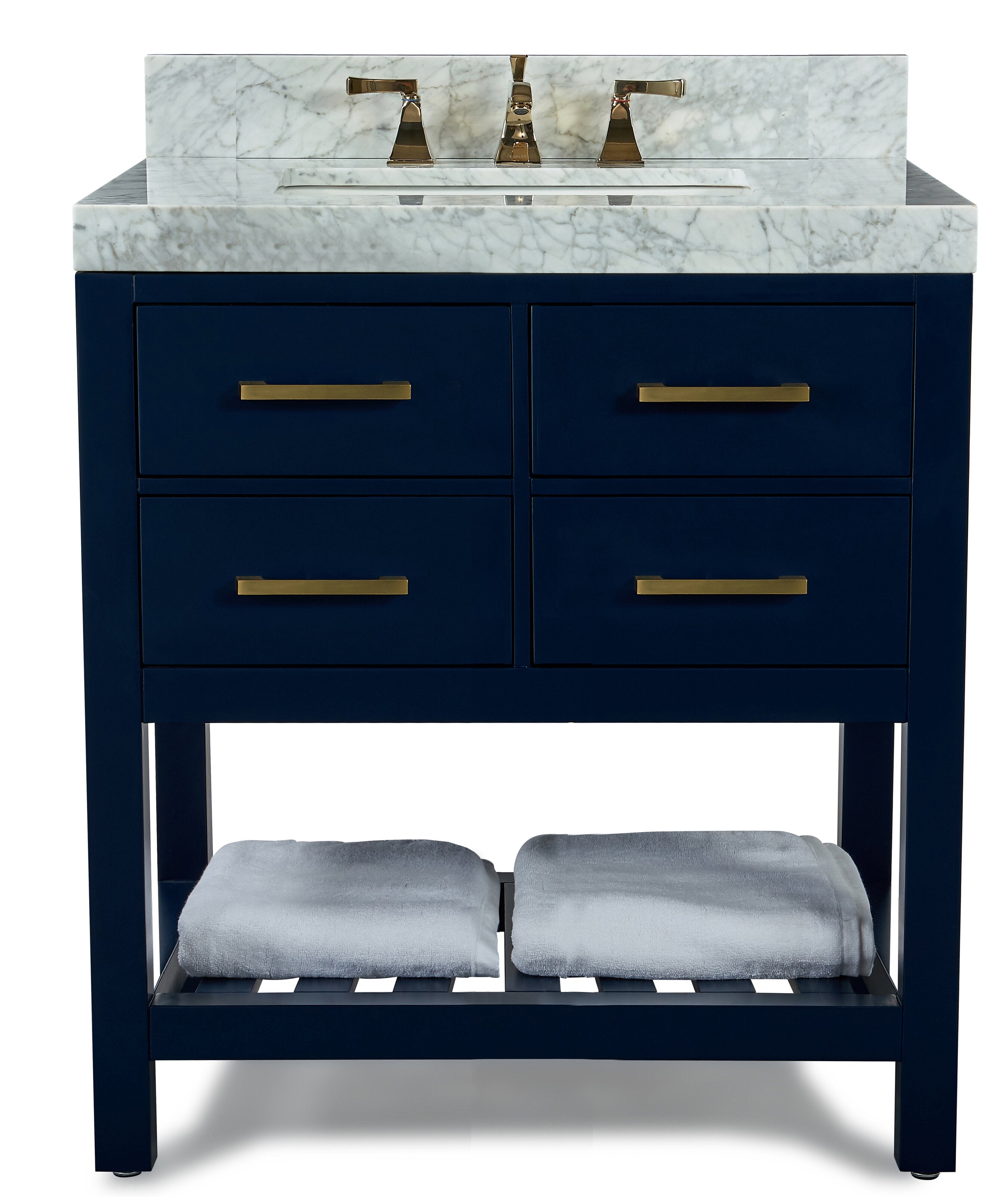 36-inch freestanding navy solid wood single-sink bathroom vanity with white marble stone top, brass-finish faucet and drawer pulls, four front drawers and an open slatted shelf holding two folded gray towels.