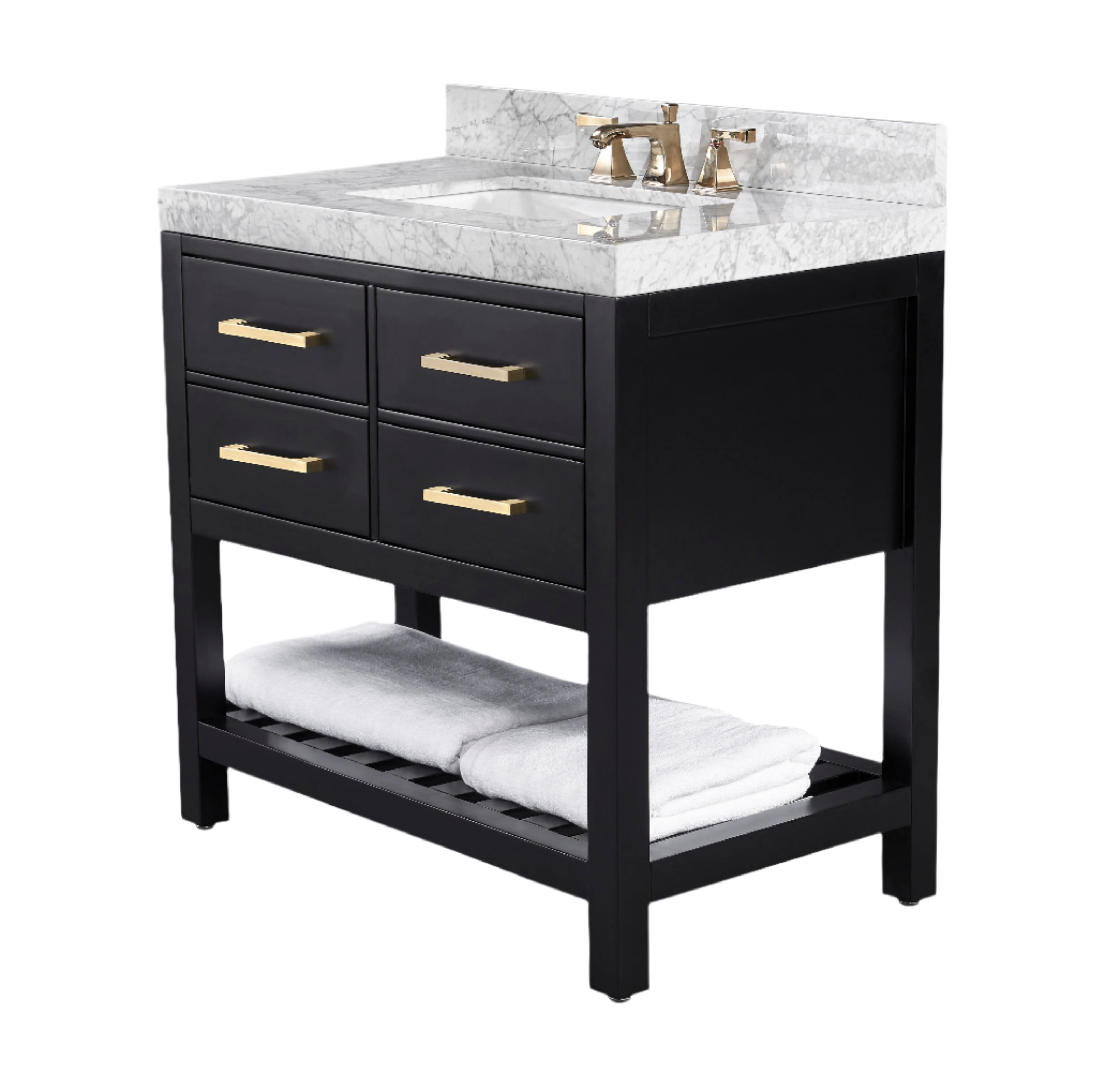 Modern solid wood black bathroom vanity with a white stone marble top and backsplash, integrated rectangular sink, brushed gold faucet and drawer pulls, four front drawers and a slatted lower shelf with folded towels.