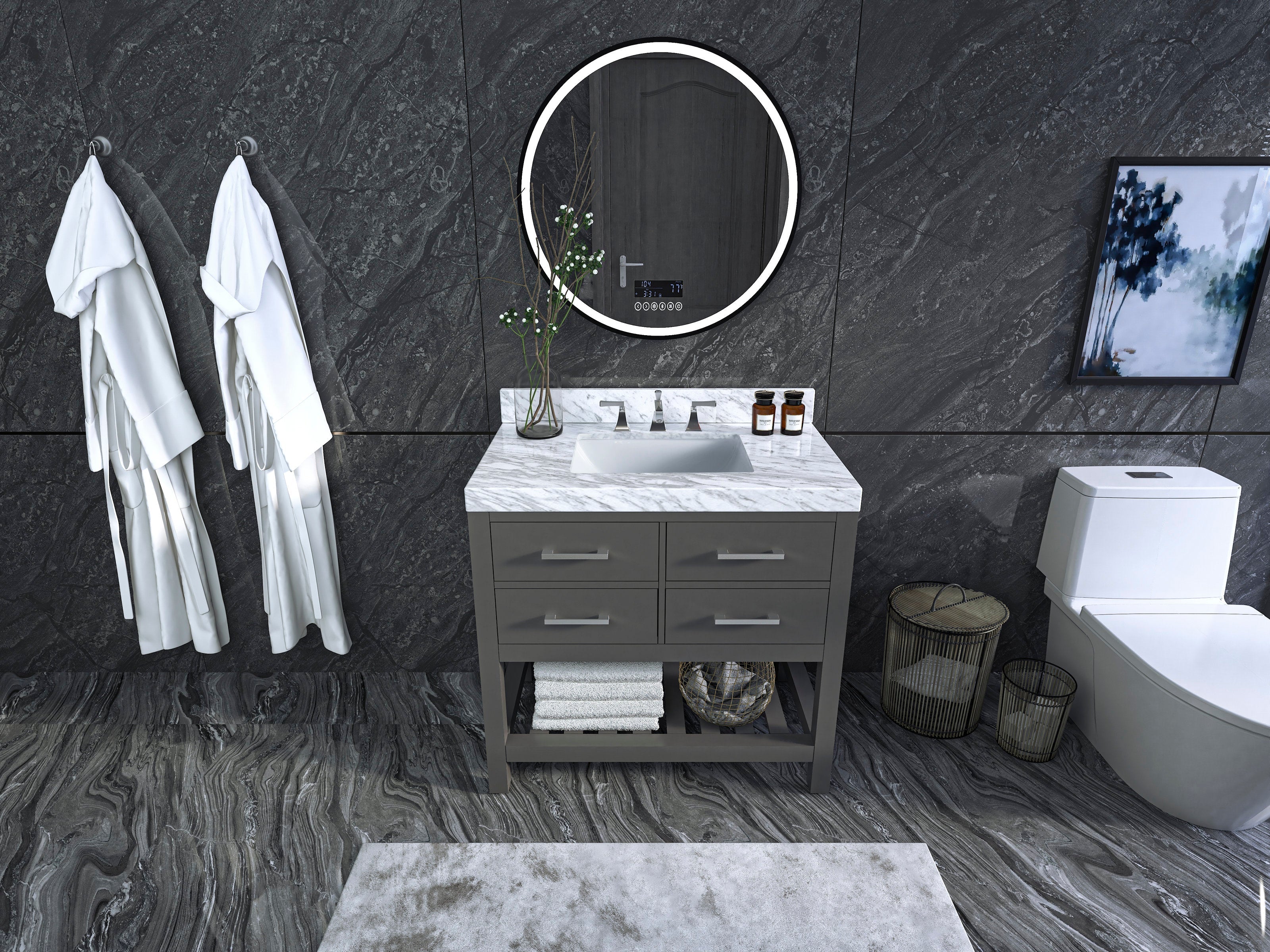 Modern 36-inch solid wood bathroom vanity in gray with a white stone marble top and undermount sink, four drawers and open lower shelf beneath a round LED mirror against dark stone walls.