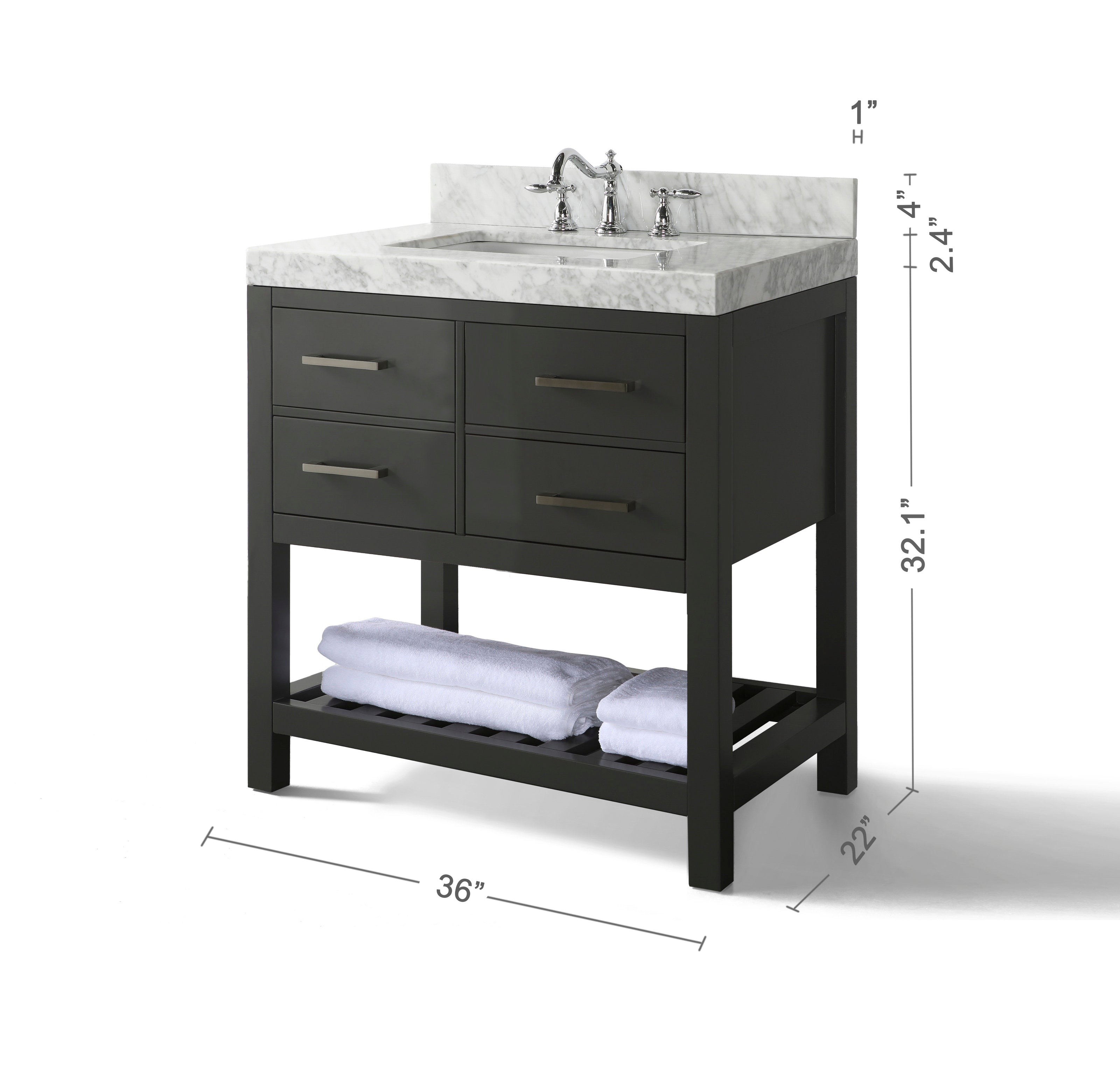 36-inch freestanding single-sink bathroom vanity in solid wood with a white veined stone countertop and backsplash, four flat-front drawers with metal pulls, open slatted lower shelf with folded towels, and chrome faucet.