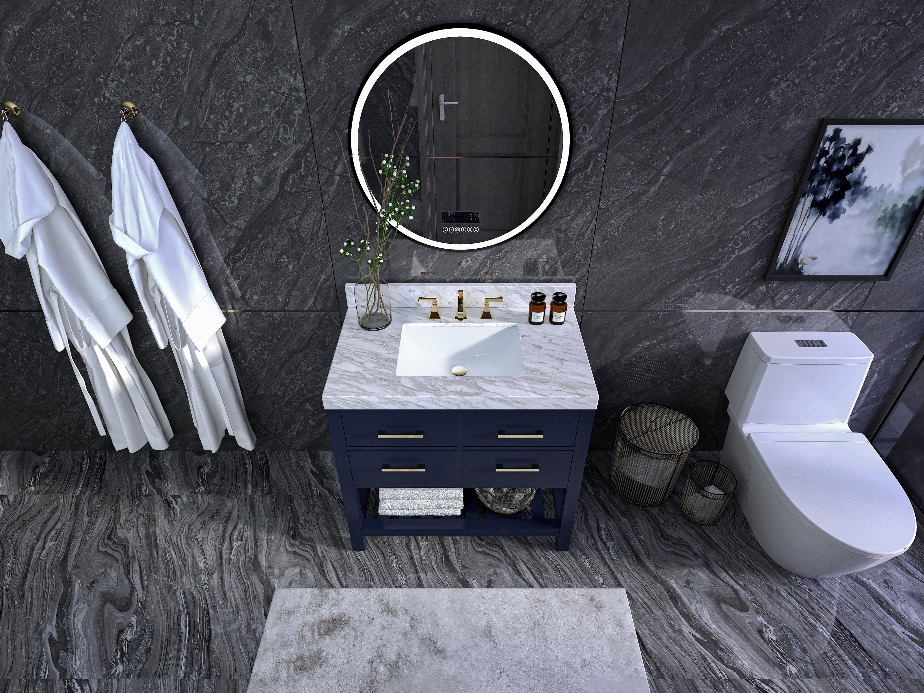 36-inch solid wood bathroom vanity with stone marble top and white rectangular undermount sink, navy-blue base with brushed-gold hardware, round LED mirror above and a white toilet to the right.
