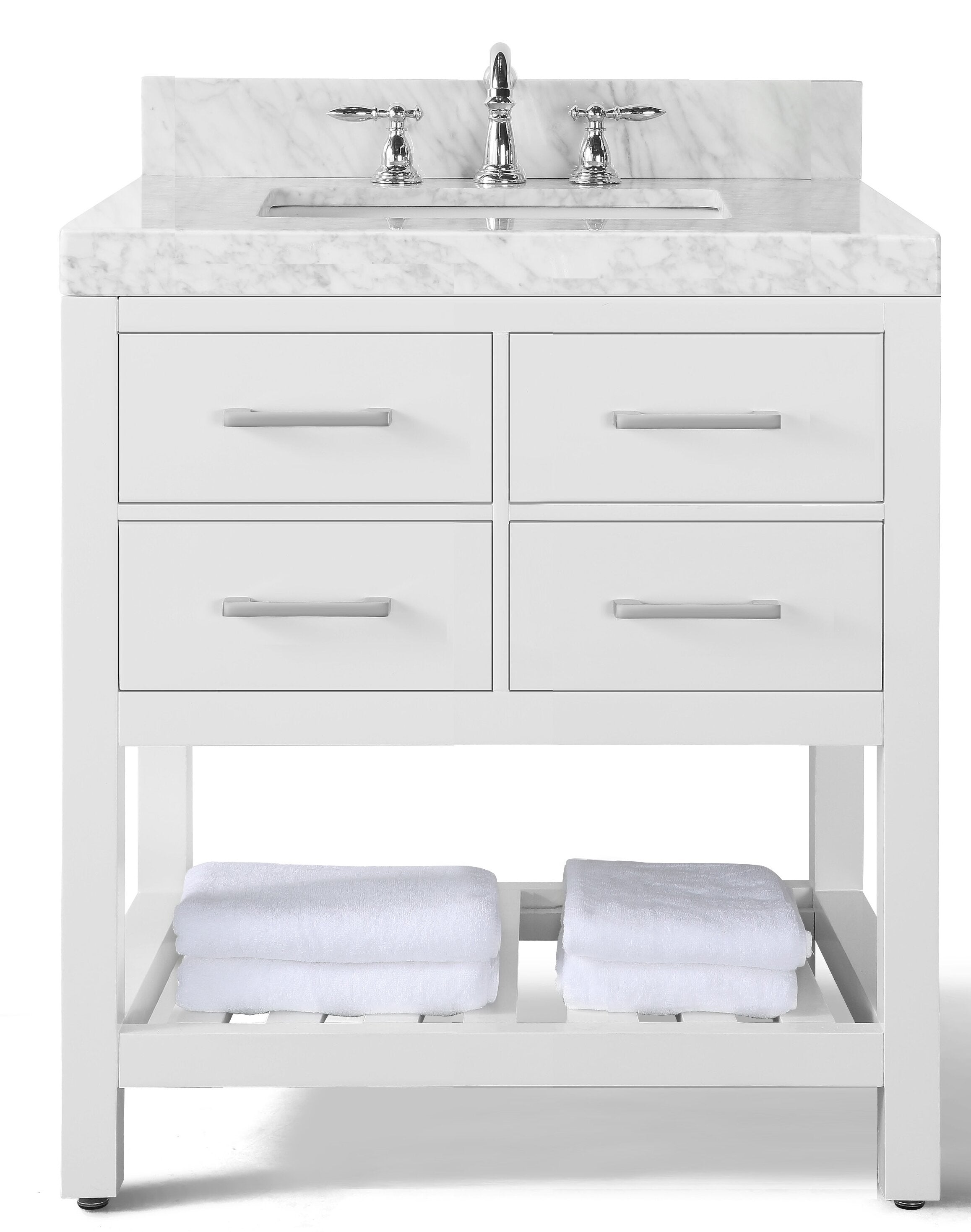 36-inch single-sink bathroom vanity with marble-look stone top, integrated white ceramic undermount sink and chrome faucet, white painted solid wood base with four drawers and open slatted shelf holding folded white towels.