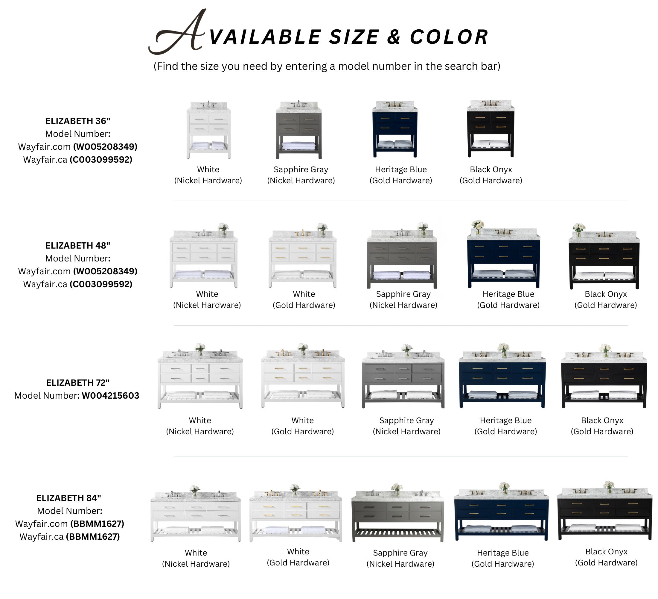 Product chart showing available sizes and color/hardware options for the Elizabeth bathroom vanity with marble top — 36-, 48-, 72- and 84-inch models in white, sapphire gray, heritage blue and black onyx with nickel or gold hardware.