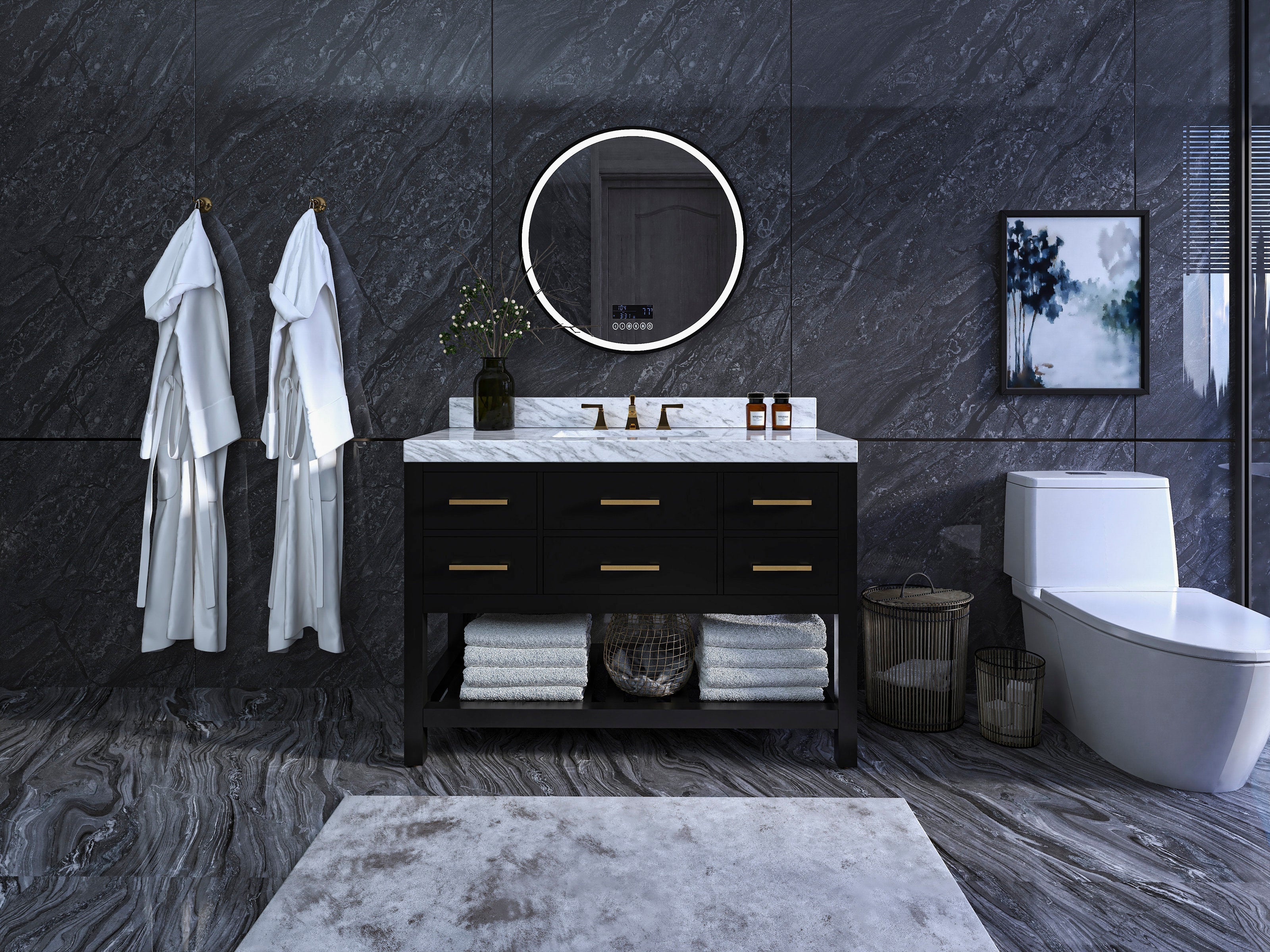 48-inch modern black solid-wood single-sink vanity with white marble countertop, ceramic sink, brushed-gold handles, open lower shelf with folded towels, round illuminated mirror and dark stone walls.