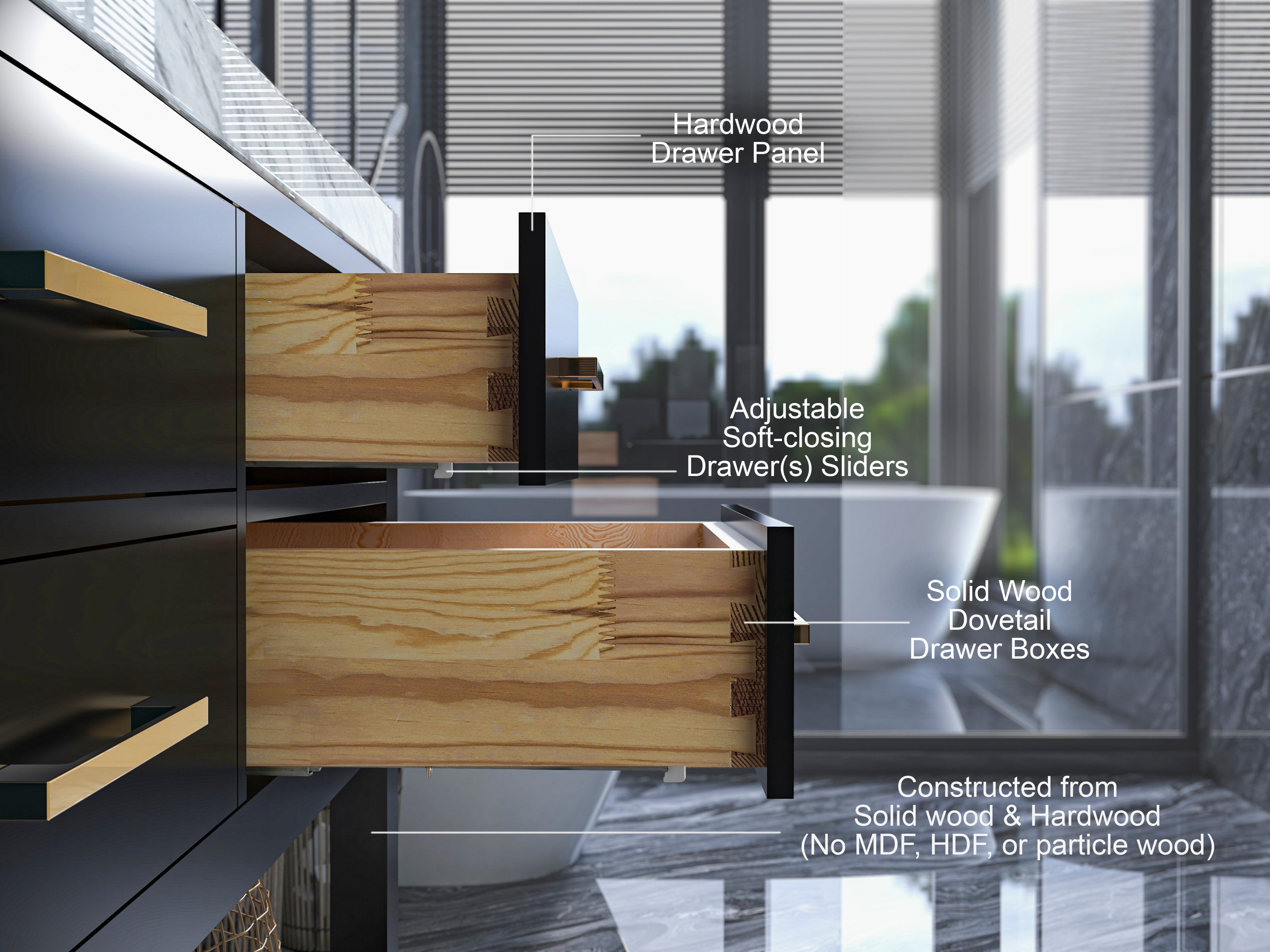 Close-up of a modern stone-top bathroom vanity showing open solid wood dovetail drawer boxes, hardwood drawer panels, black drawer fronts with brushed gold handles, and adjustable soft-closing drawer sliders.