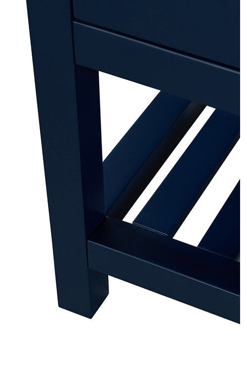 Close-up of the vanity’s solid wood leg and slatted lower shelf in a stone finish, highlighting the modern clean lines and painted wood construction.