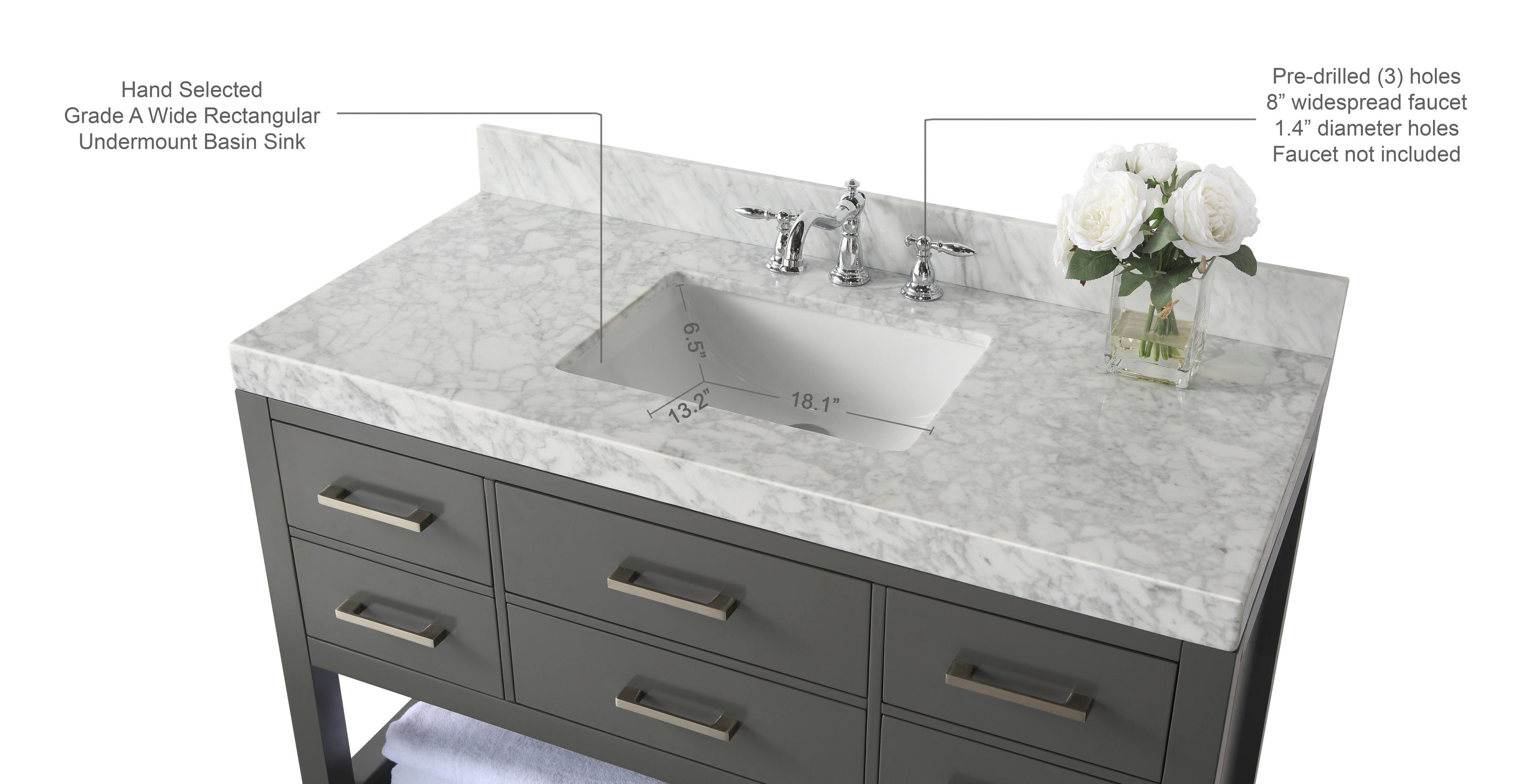 Modern 48-inch single-sink bathroom vanity with white marble stone top and undermount rectangular ceramic sink, chrome faucet, gray solid-wood cabinet with six drawers, brushed metal handles, lower open shelf and vase of white roses.