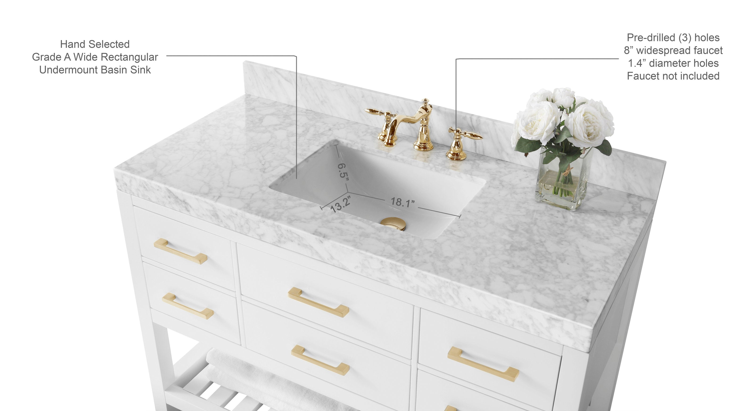 48-inch modern freestanding white solid wood vanity with stone marble top, undermount rectangular ceramic sink, three-hole brushed gold faucet and matching gold drawer pulls, marble backsplash, vase of white flowers and slatted lower shelf with towel