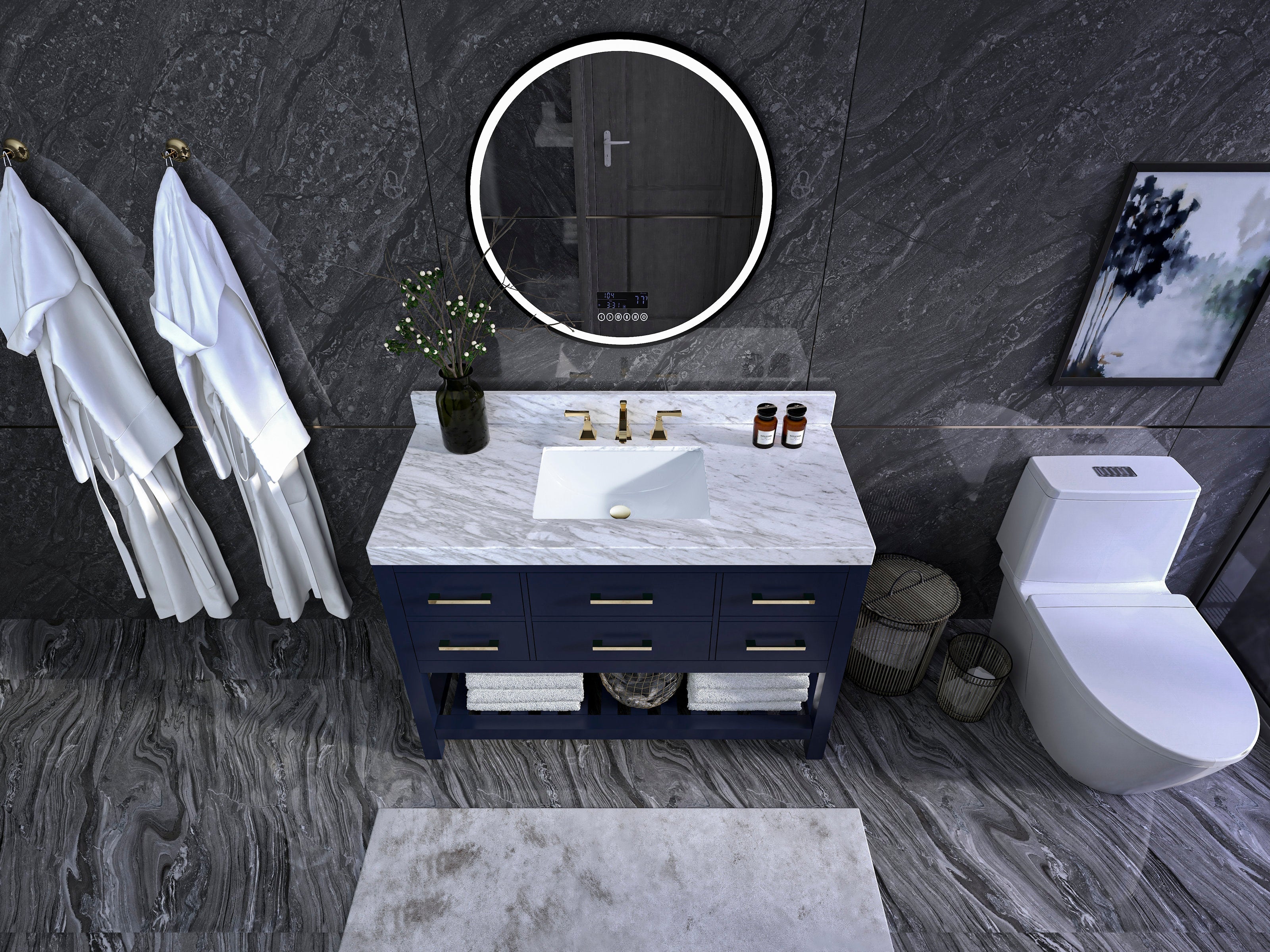 Top-down view of a modern 48-inch solid wood bathroom vanity with a stone marble top, white ceramic undermount sink, brass faucet and drawer pulls, navy base, round illuminated mirror, and nearby toilet.