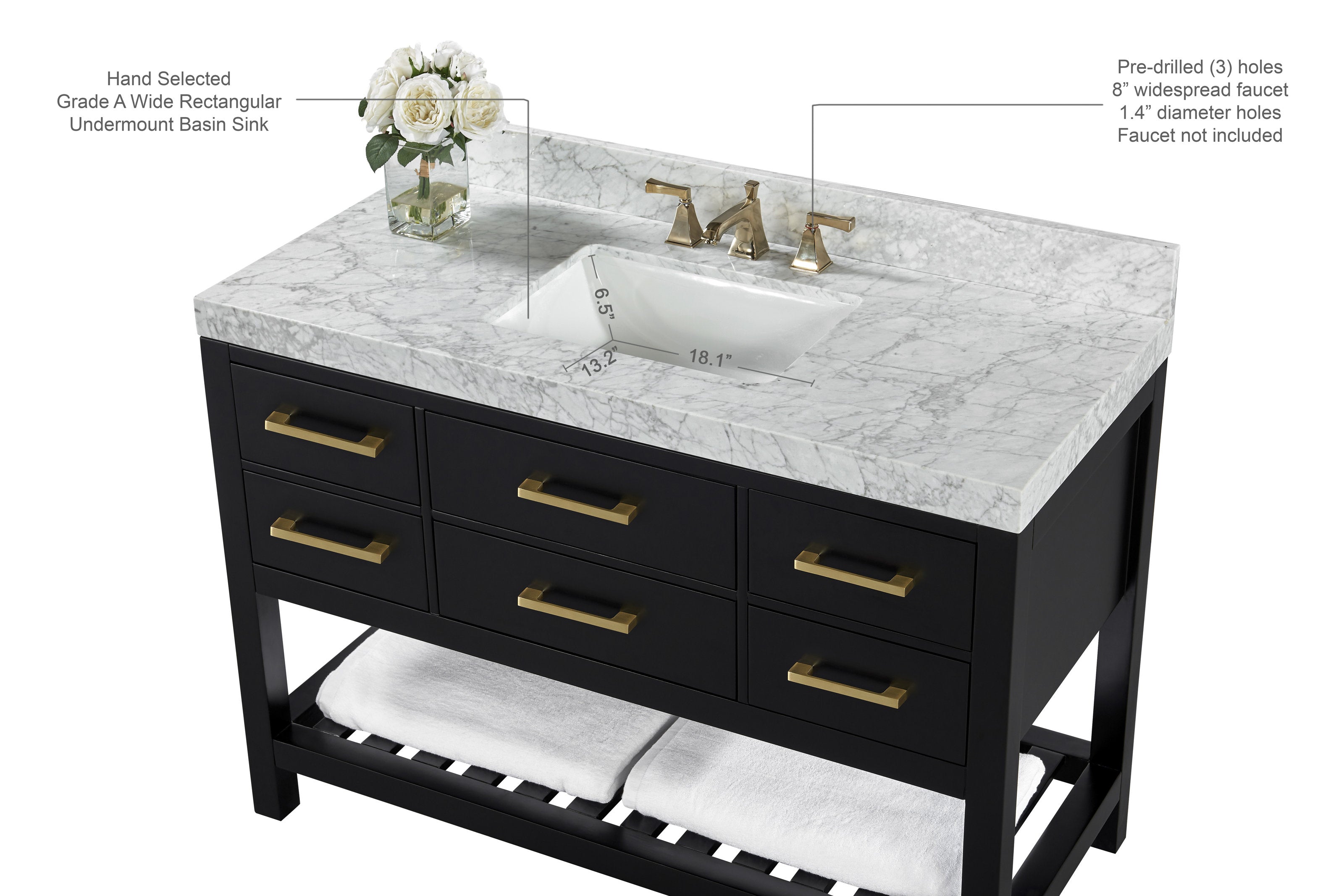 Contemporary 48-inch freestanding solid wood vanity with stone marble top, rectangular undermount ceramic sink, black wood base, brushed brass handles, six drawers and an open slatted shelf with folded white towels.