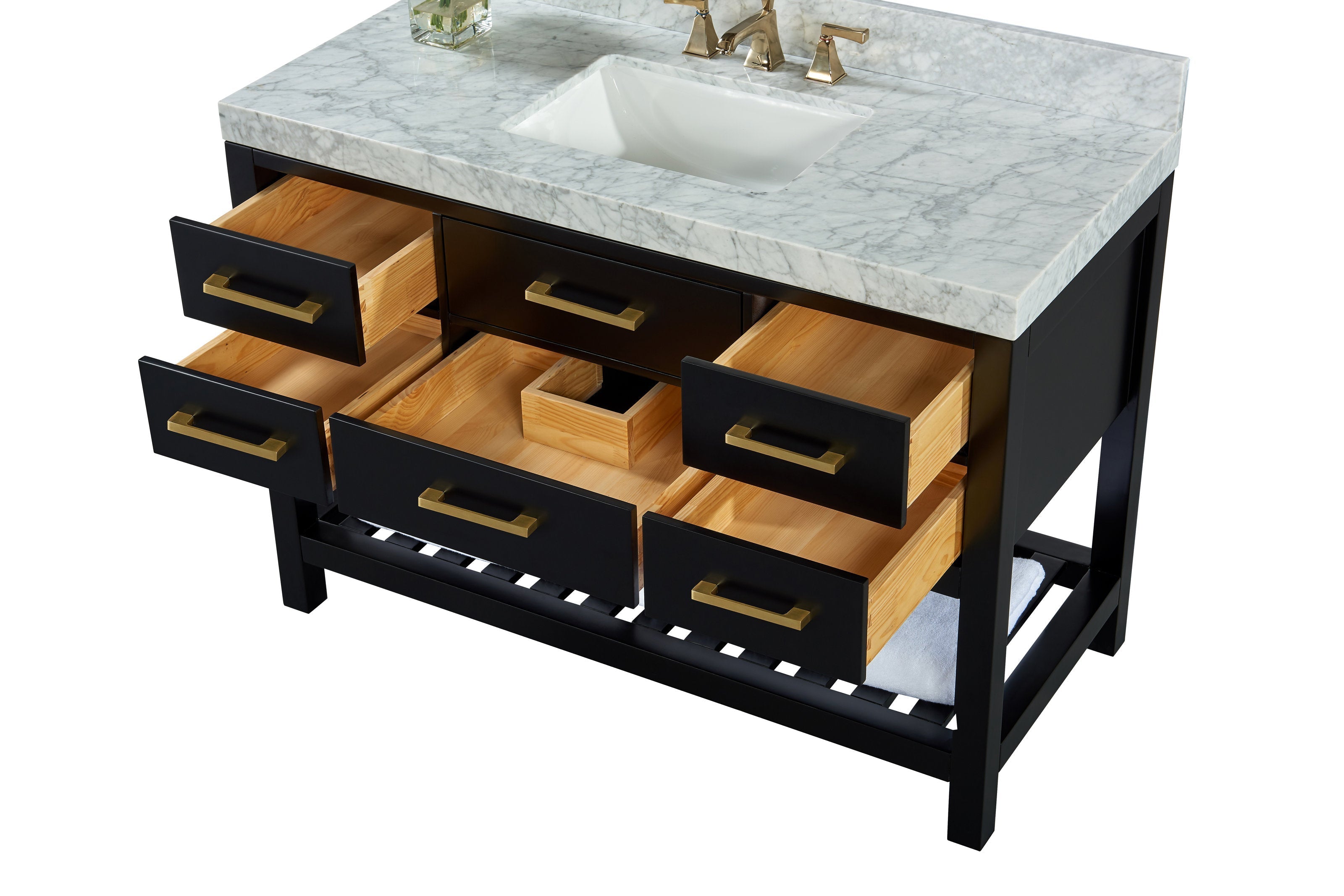 48-inch single-sink bathroom vanity with white marble stone top and undermount ceramic sink; black solid wood freestanding base with brass handles, six open natural-wood drawers and a lower slatted shelf.