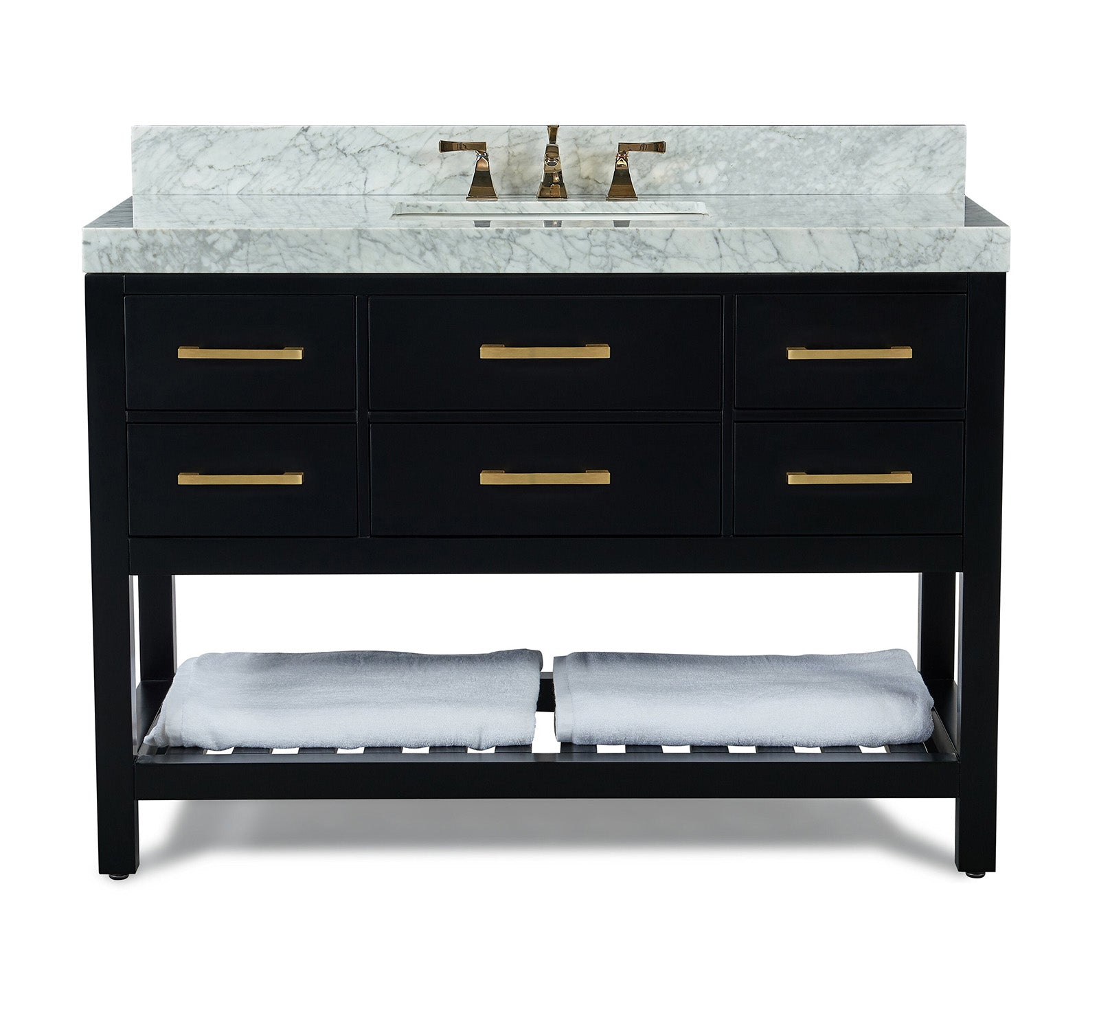 48-inch freestanding modern bathroom vanity with white marble top and integrated single sink, black solid wood base with six drawers, brushed gold bar handles, and an open slatted shelf holding two folded light-gray towels.