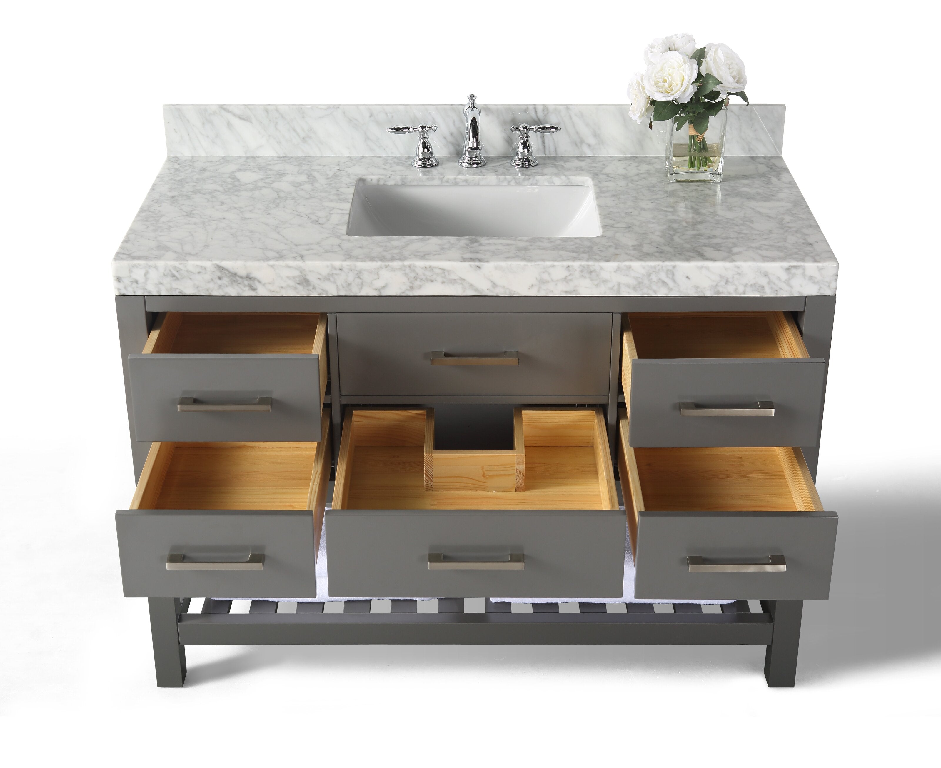 Modern gray solid-wood bathroom vanity with a white marble stone top, rectangular undermount ceramic sink and chrome faucet; six open drawers show natural wood interiors and a slatted lower shelf.