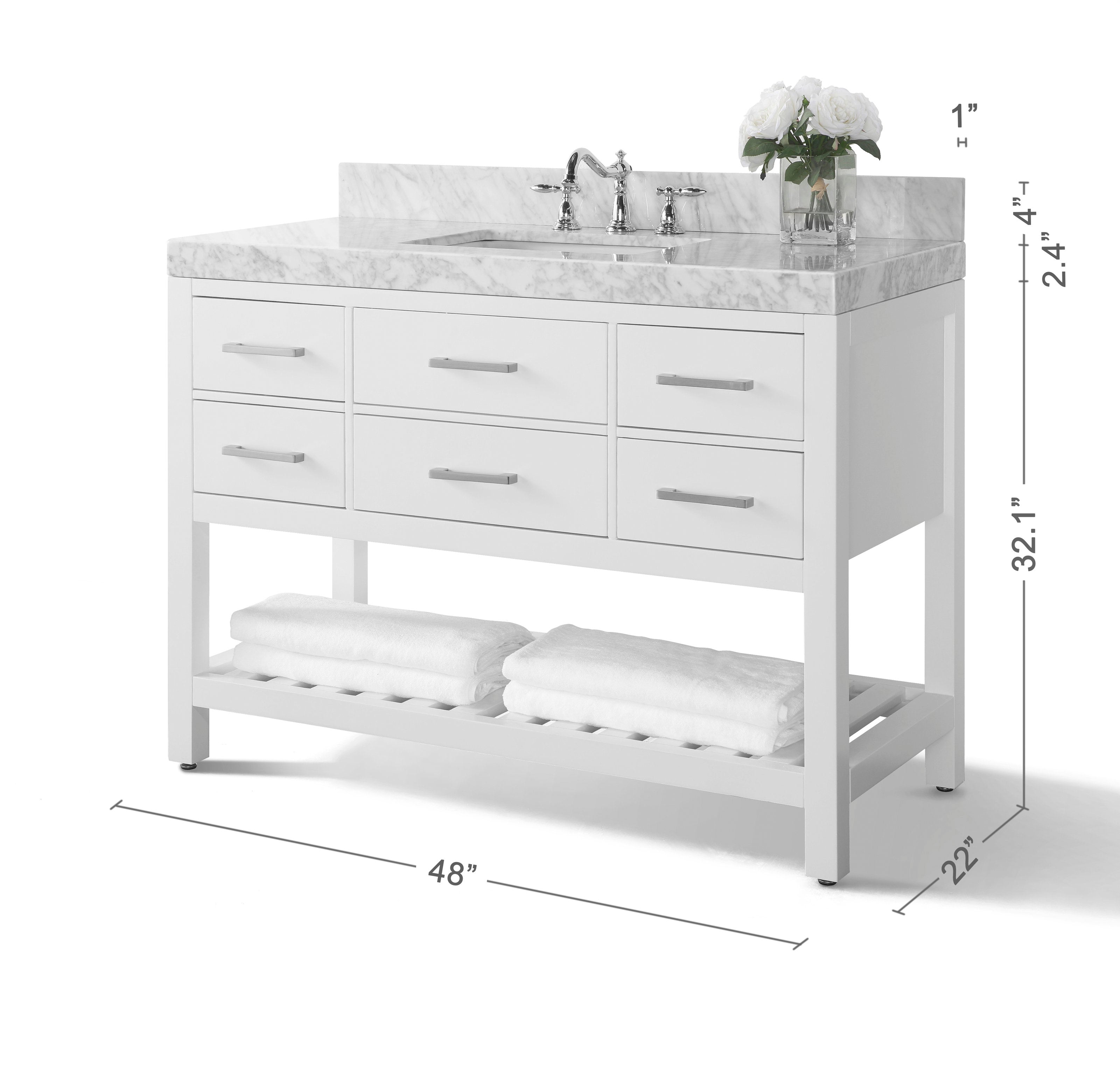 48-inch modern freestanding single-sink vanity in stone-finish solid wood with a marble countertop, chrome faucet, six drawers, metal handles, open slatted lower shelf with folded towels and a vase of white roses.