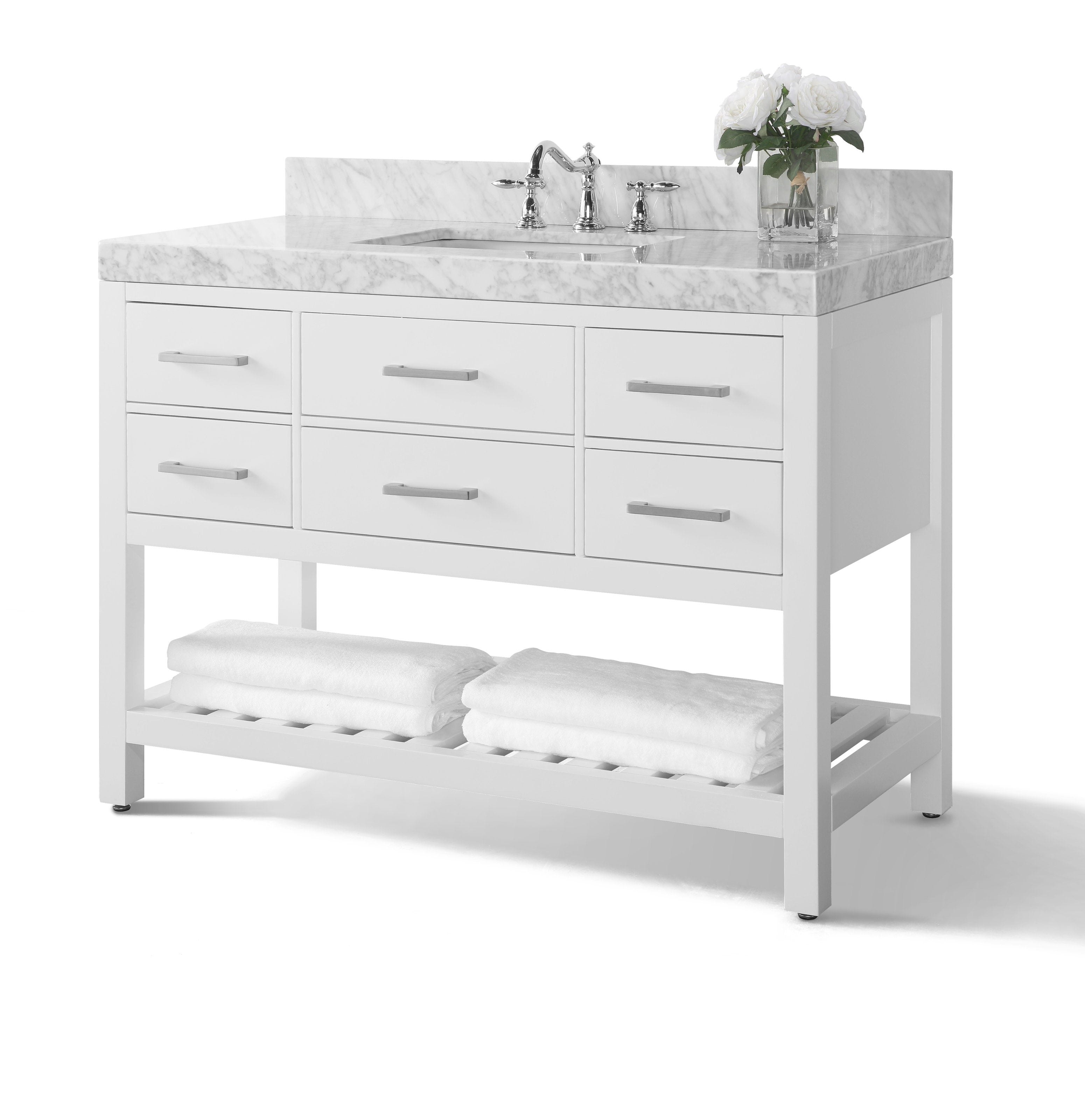 48-inch contemporary freestanding bathroom vanity with white solid-wood base, marble stone top and single undermount sink, chrome faucet, six drawers with metal pulls and an open shelf with folded towels.