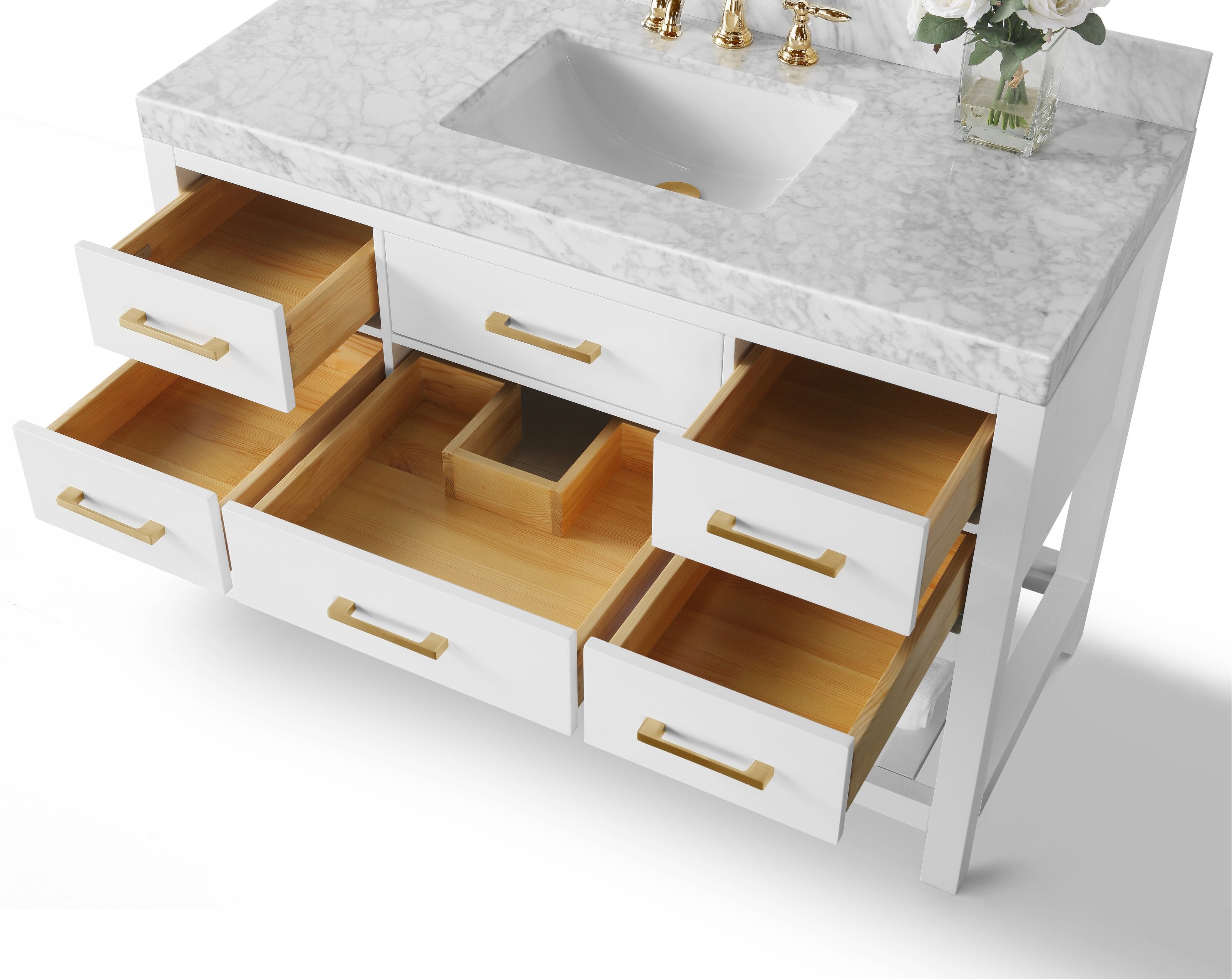 48-inch white freestanding single-sink vanity with grey-veined marble stone top, undermount ceramic sink, open solid wood drawers and gold/brass handles and faucet, shown at an angled top view highlighting interior storage.