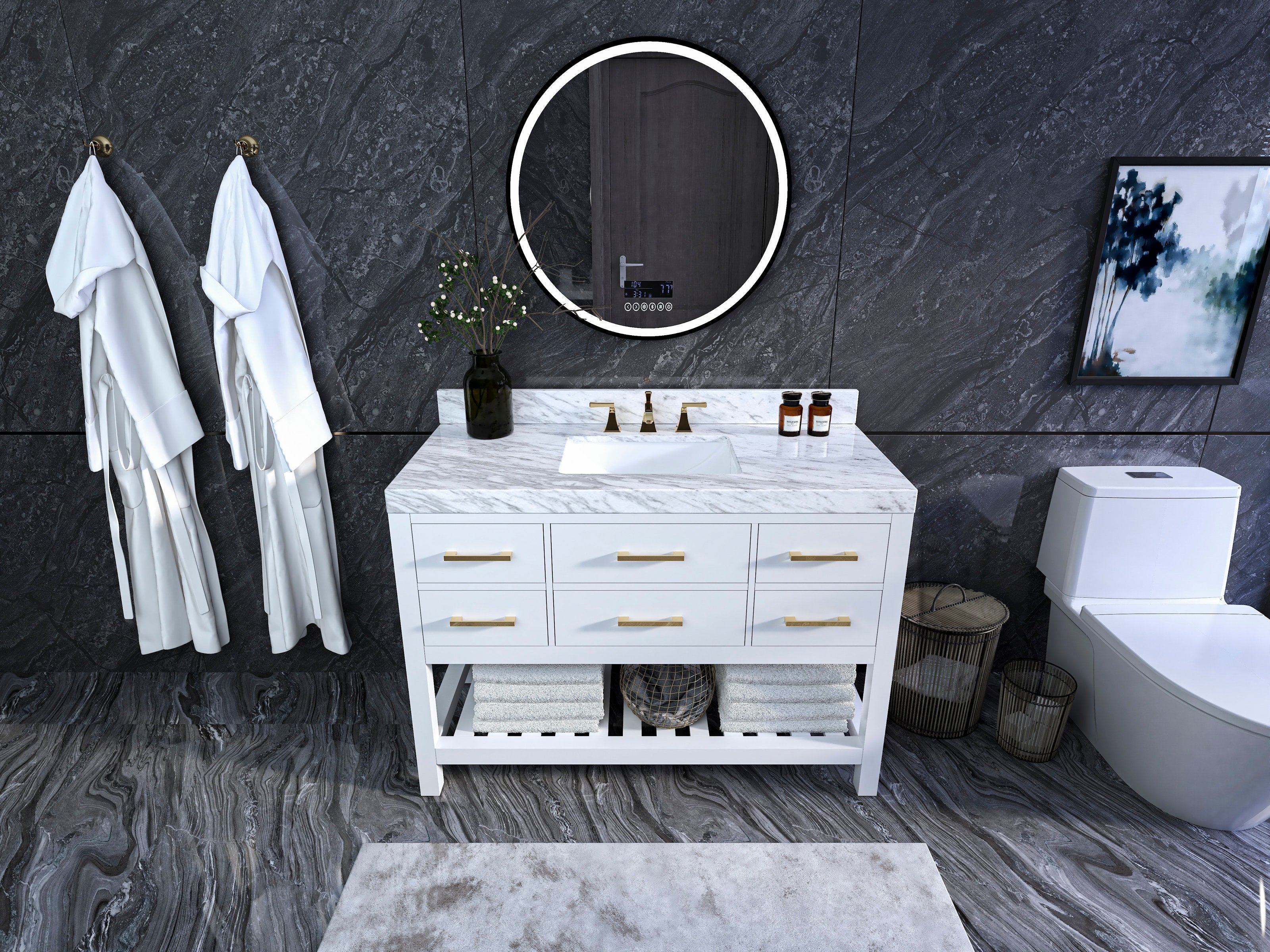 48-inch freestanding white solid wood vanity with marble stone top, undermount ceramic sink, brushed brass drawer pulls and open lower shelf with folded towels, styled with a round LED mirror and dark stone wall backdrop.