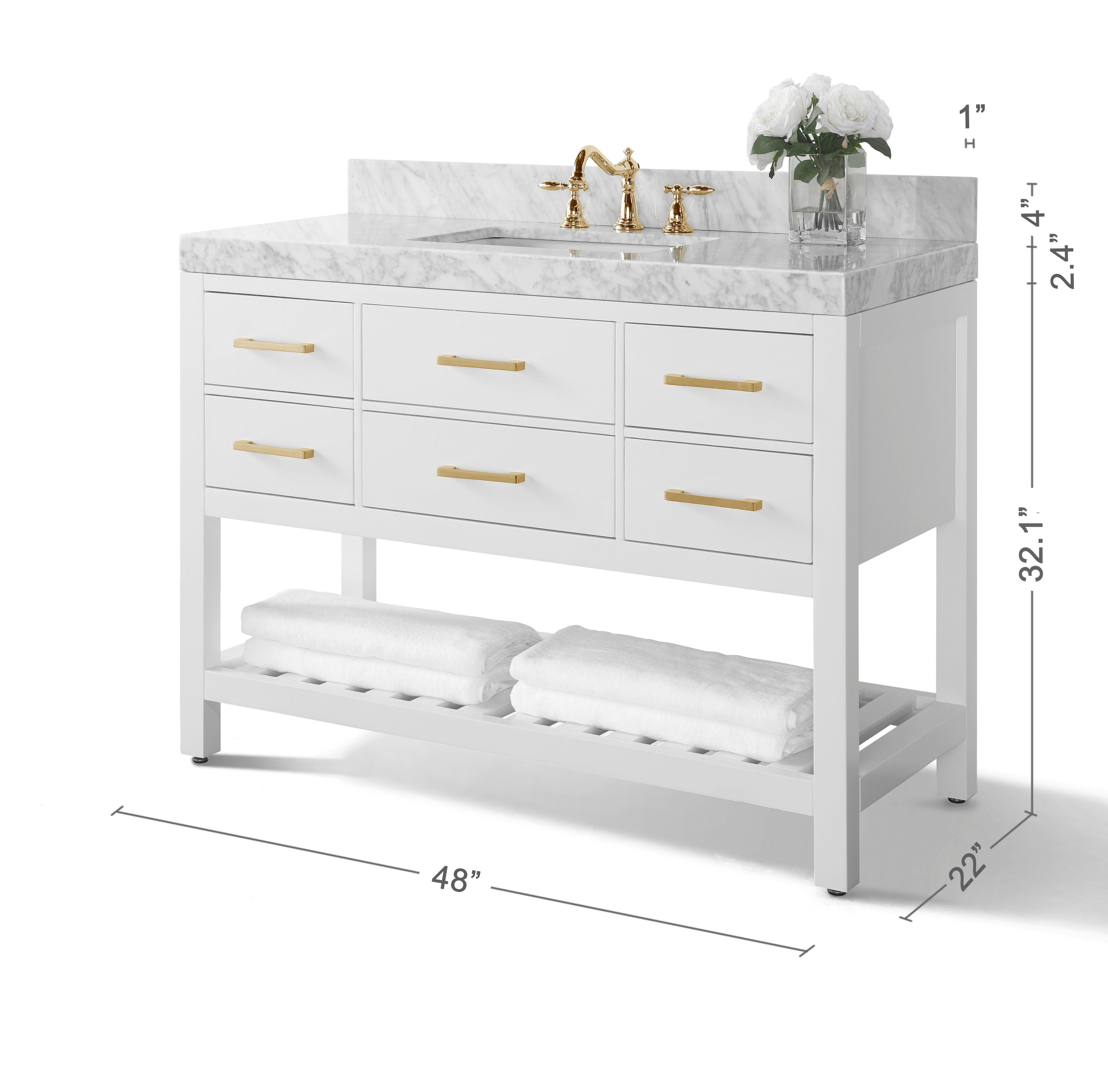48-inch freestanding single-sink bathroom vanity with white solid wood base, marble stone countertop and backsplash, undermount ceramic sink, brass faucet and drawer pulls, and open slatted lower shelf with folded towels.