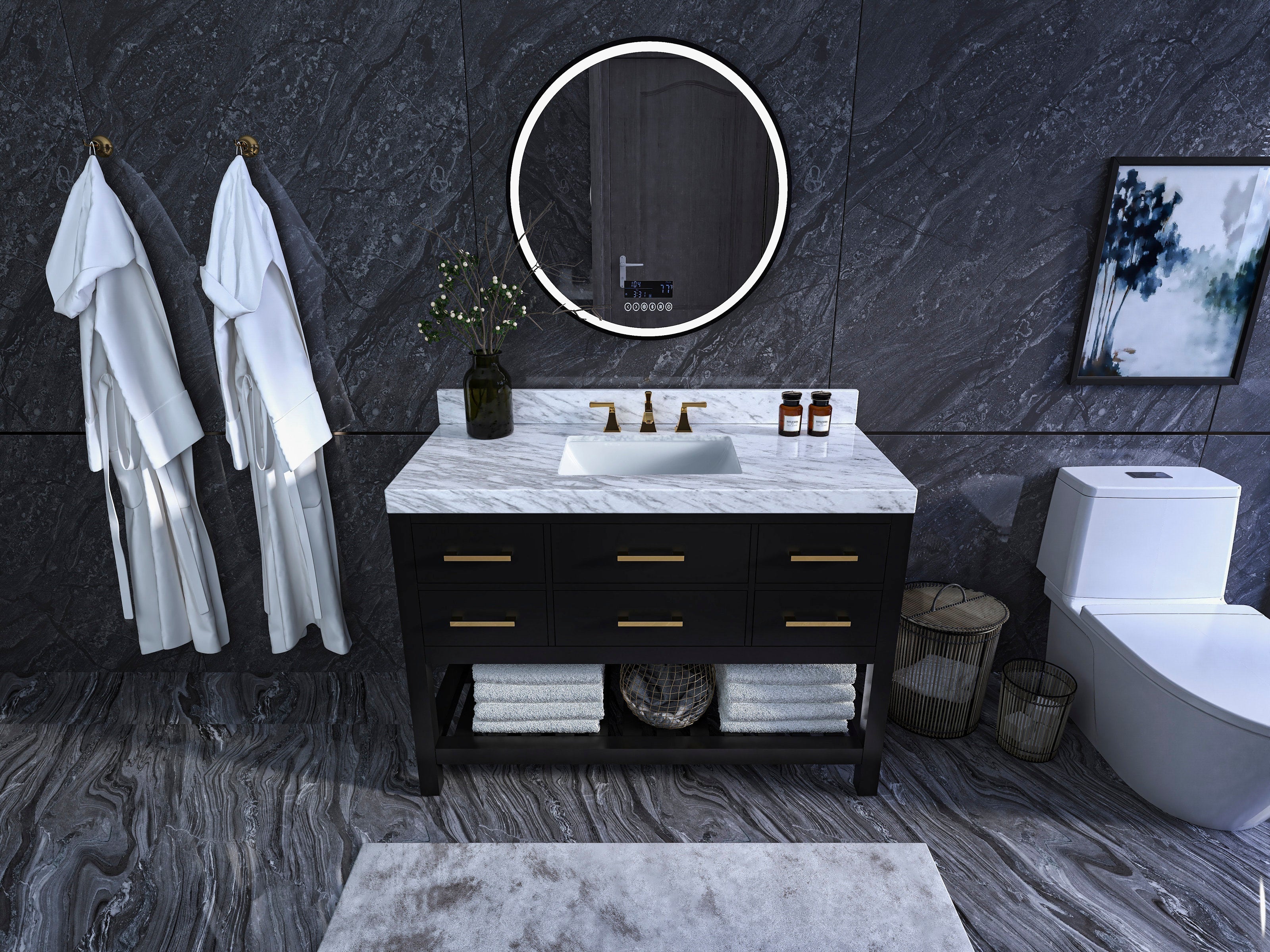 Modern black solid-wood 48-inch single-sink vanity with white marble top, rectangular undermount ceramic sink, brass faucet and drawer pulls, open towel shelf and round LED mirror against dark stone walls.