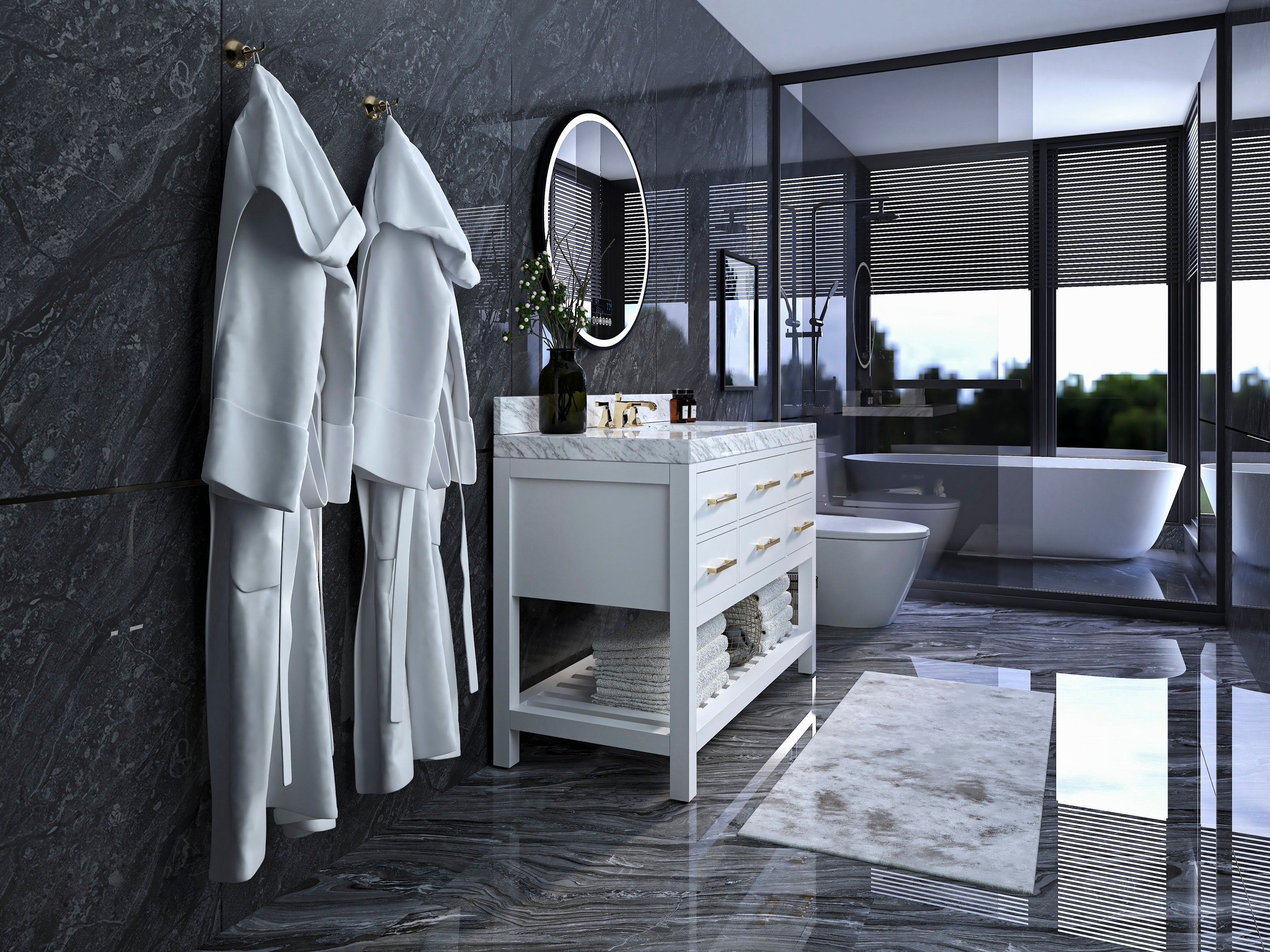 Modern white 48-inch single-sink vanity with marble countertop and brass drawer pulls on a solid wood frame, open towel shelf beneath; round mirror, dark stone marble walls, freestanding tub and glass shower visible.