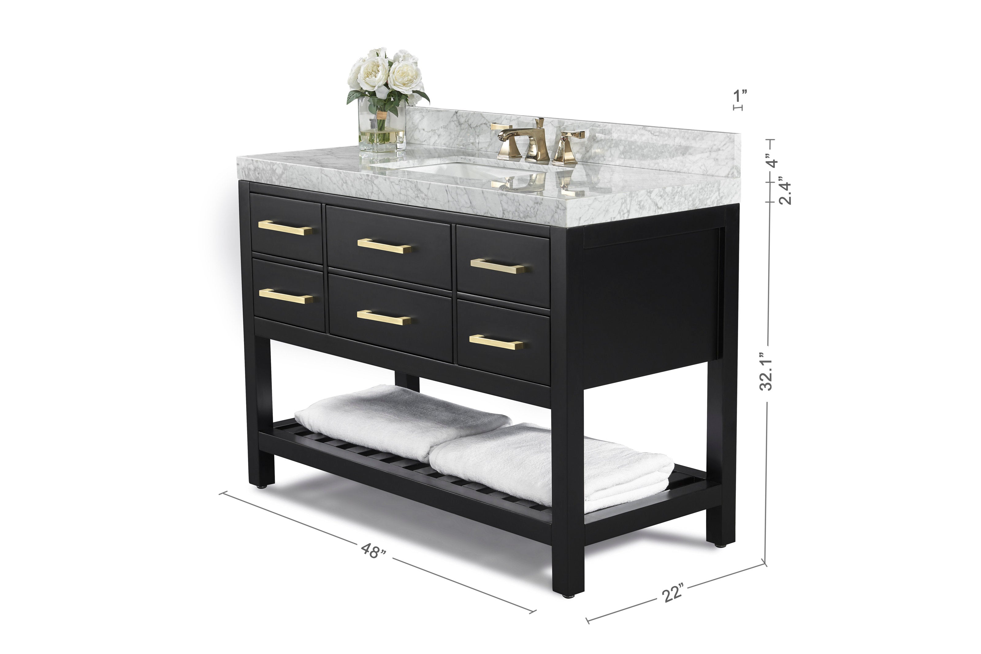48-inch modern single-sink vanity with white marble stone top and integrated rectangular sink, black solid wood base with six drawers and brushed gold handles, open slatted lower shelf holding folded white towels.
