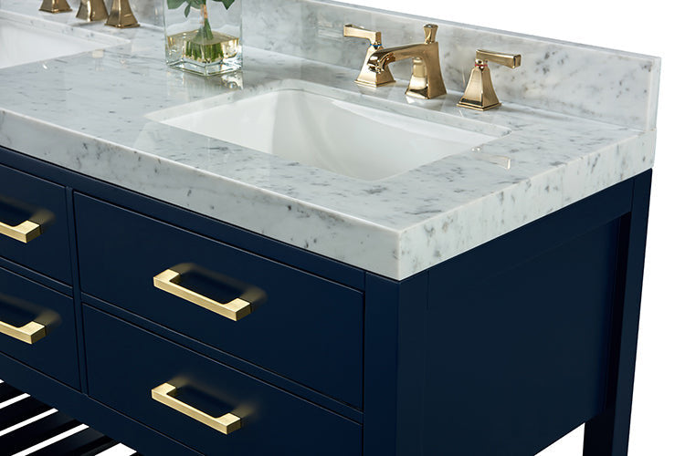 Contemporary navy solid-wood vanity with stone marble top and backsplash, white undermount ceramic sink, brushed-gold faucet and matching drawer pulls, four front drawers and a slatted open lower shelf.