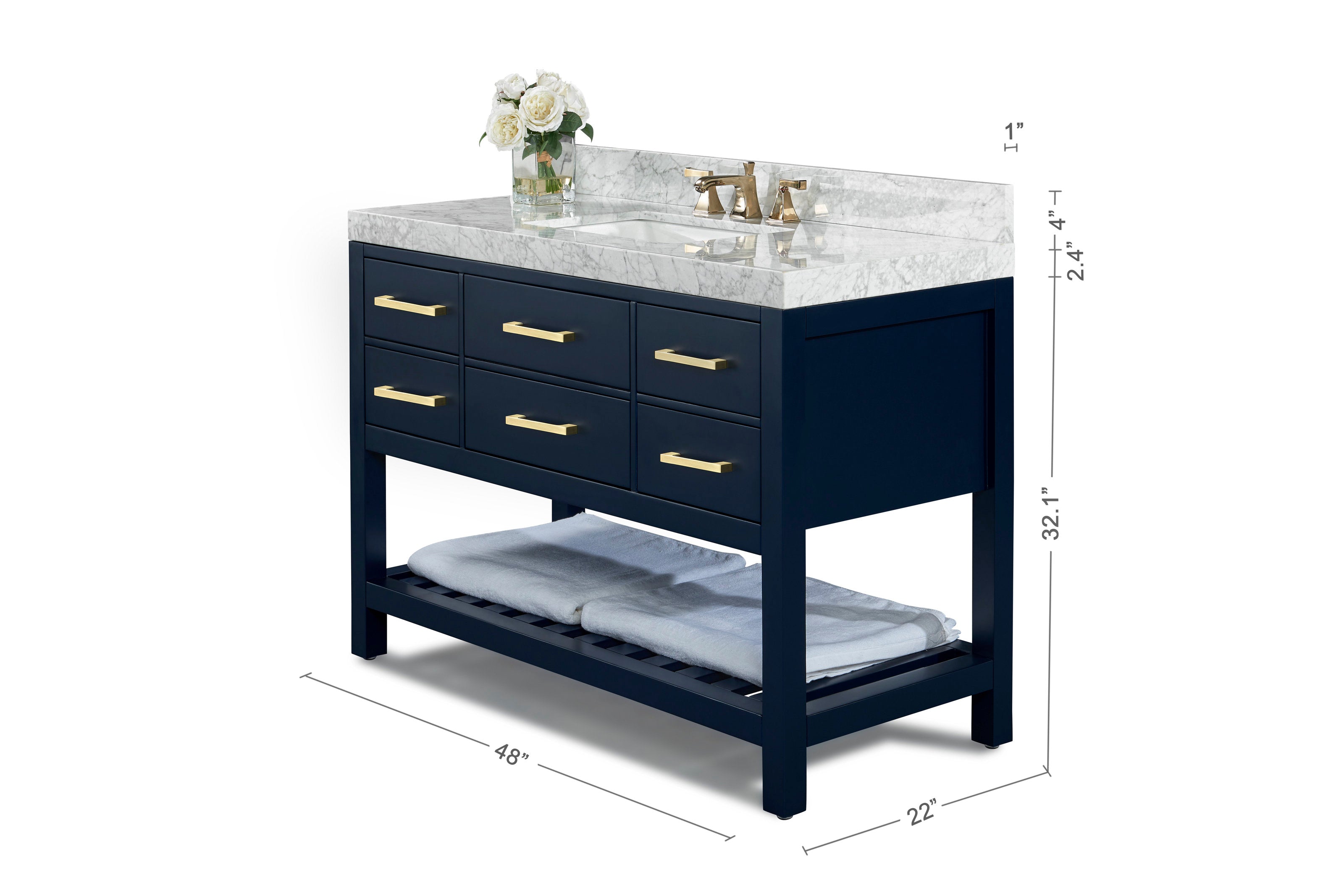 Contemporary 48-inch vanity with stone marble top, navy solid wood base, single undermount sink, brushed gold faucet and drawer pulls, slatted lower shelf with folded towels and a glass vase of white roses.