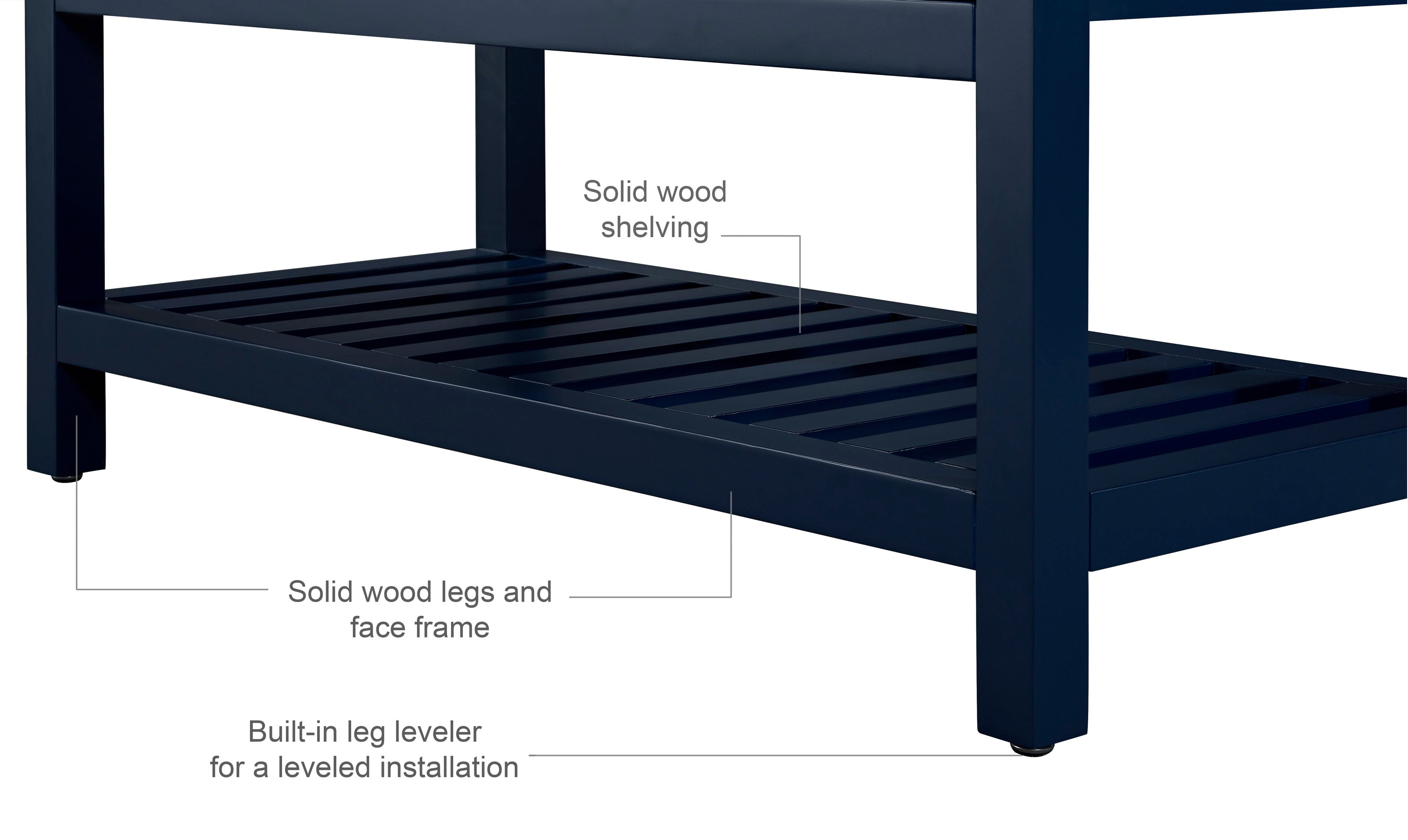 Close-up of the vanity's stone-finish solid wood base showing an open slatted lower shelf, sturdy legs and face frame, and built-in adjustable leg levelers for a leveled installation.