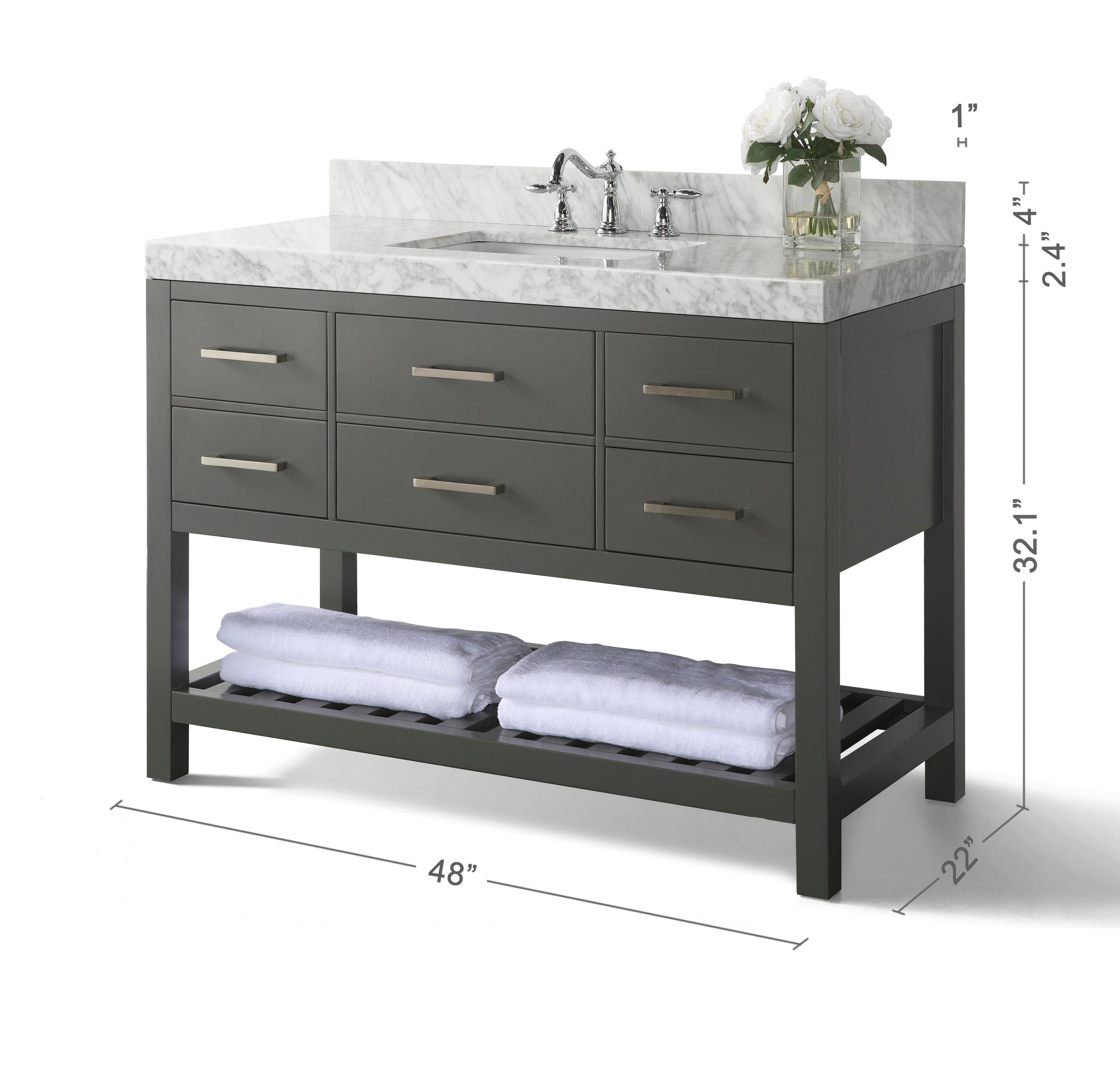 48-inch single-sink bathroom vanity with white marble top and undermount ceramic sink, stone-colored solid wood base with six drawers, brushed metal handles, chrome faucet and slatted lower shelf holding folded white towels.
