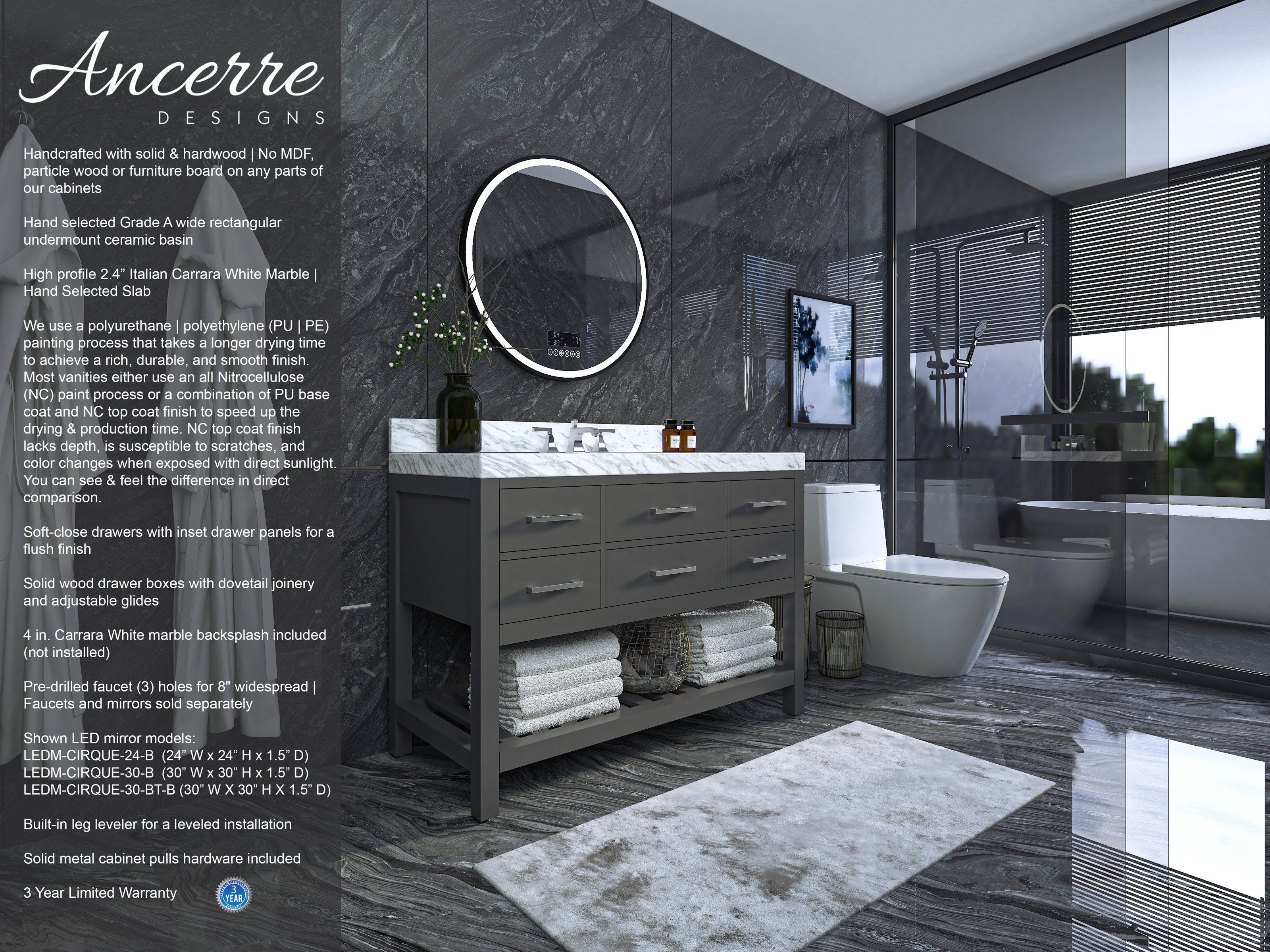 48-inch modern solid wood bathroom vanity in stone-gray finish with white marble countertop and single undermount ceramic sink, six drawers and open towel shelf, shown with round LED mirror and dark marble walls.