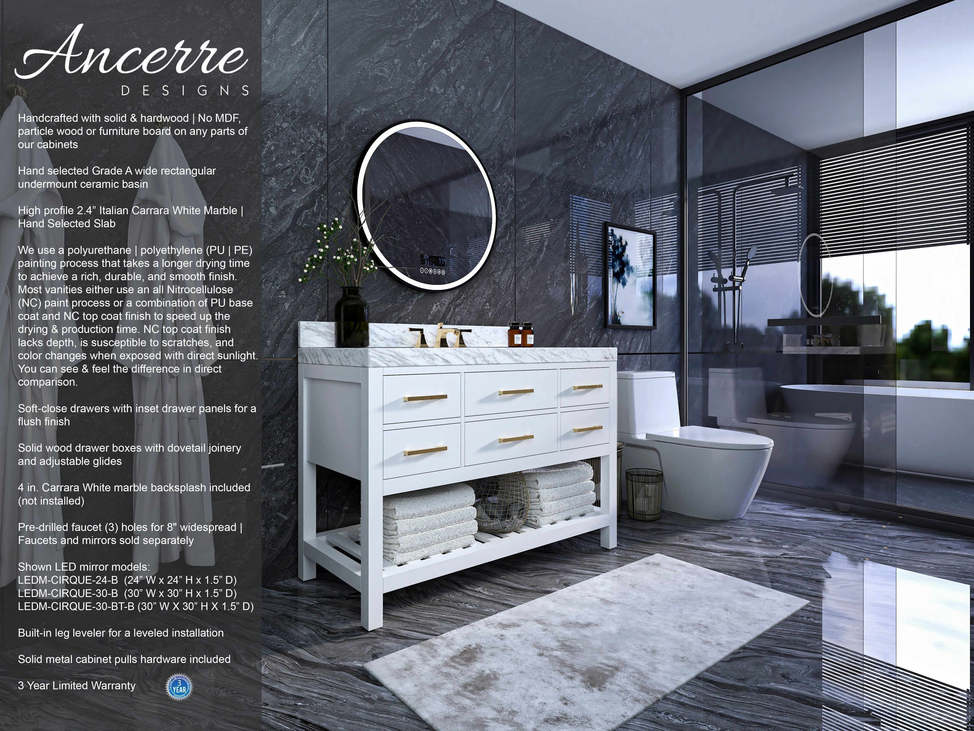 Modern 48-inch white solid-wood single-sink vanity with Carrara stone top, brass drawer pulls and open towel shelf, topped by a round LED mirror; shown against a dark marble wall beside a glass shower and toilet.
