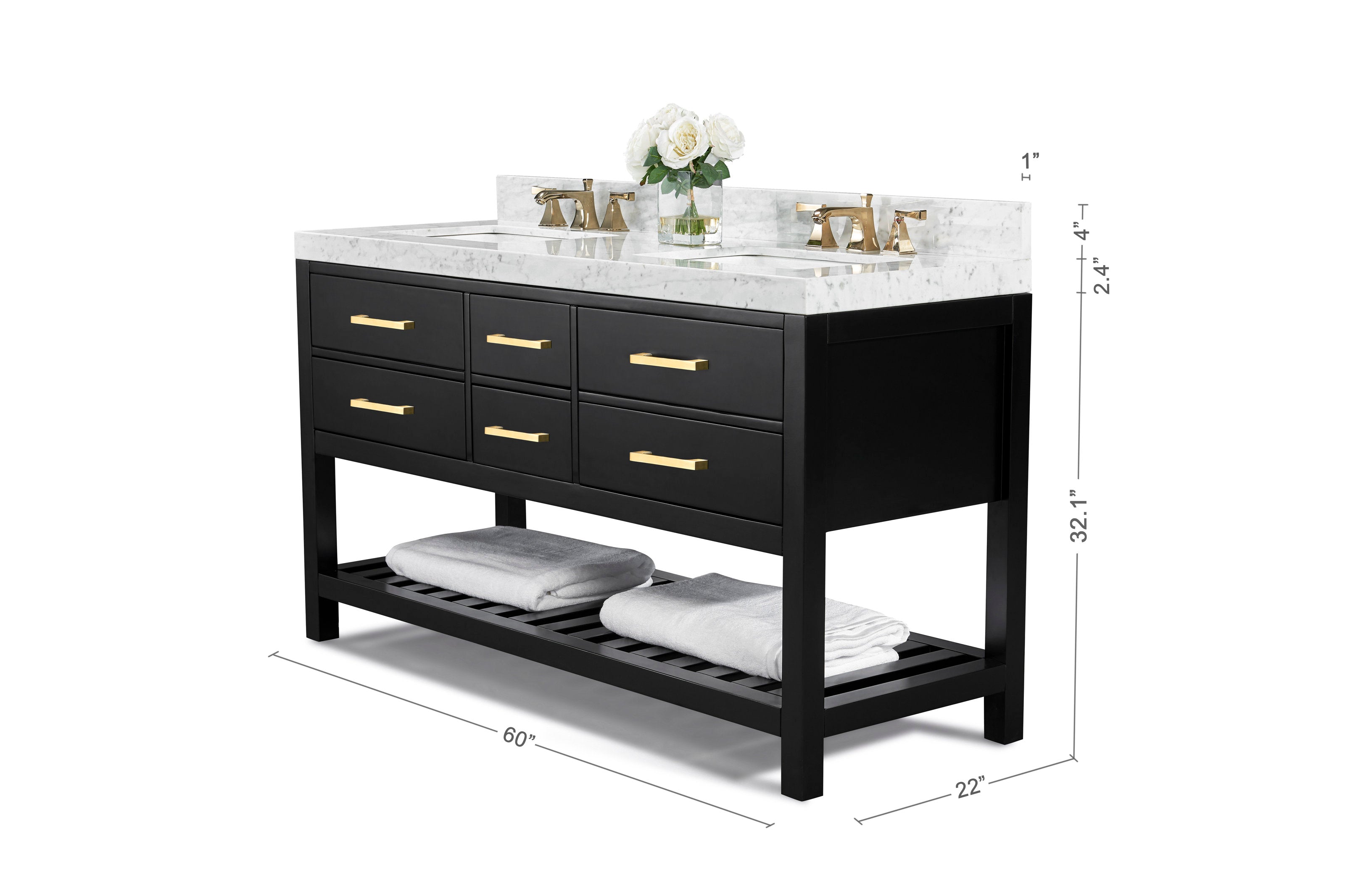 Freestanding 60-inch solid wood double-sink vanity in a dark finish with a stone marble top, two gold faucets and matching gold drawer pulls, six drawers and an open slatted lower shelf with folded towels.