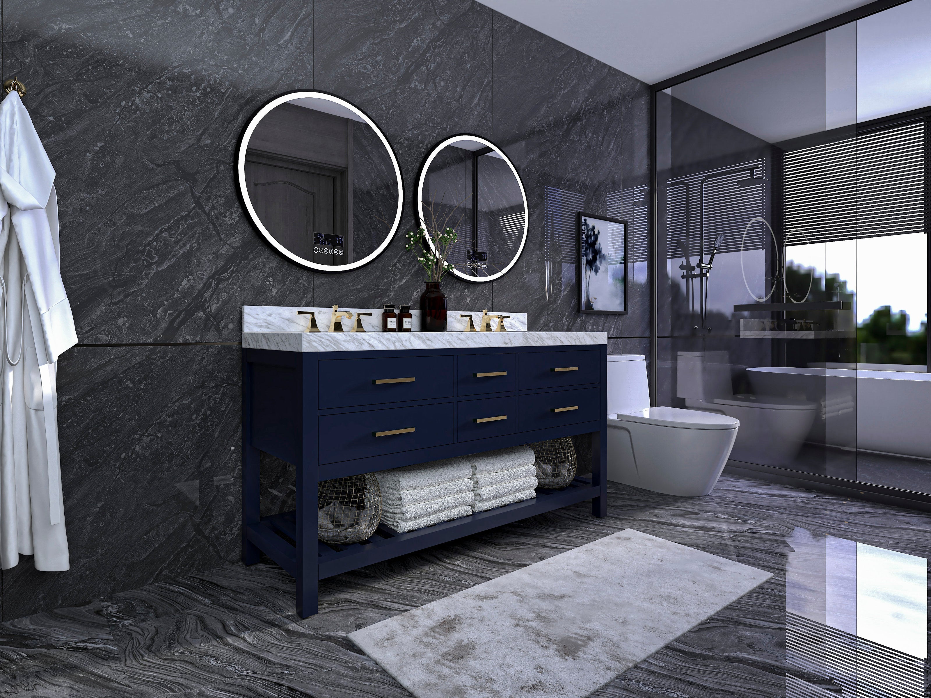 Modern solid wood 60-inch double-sink vanity with white stone top, navy-blue base and brushed brass pulls, two round illuminated mirrors above and folded towels on the open lower shelf in a dark stone bathroom.