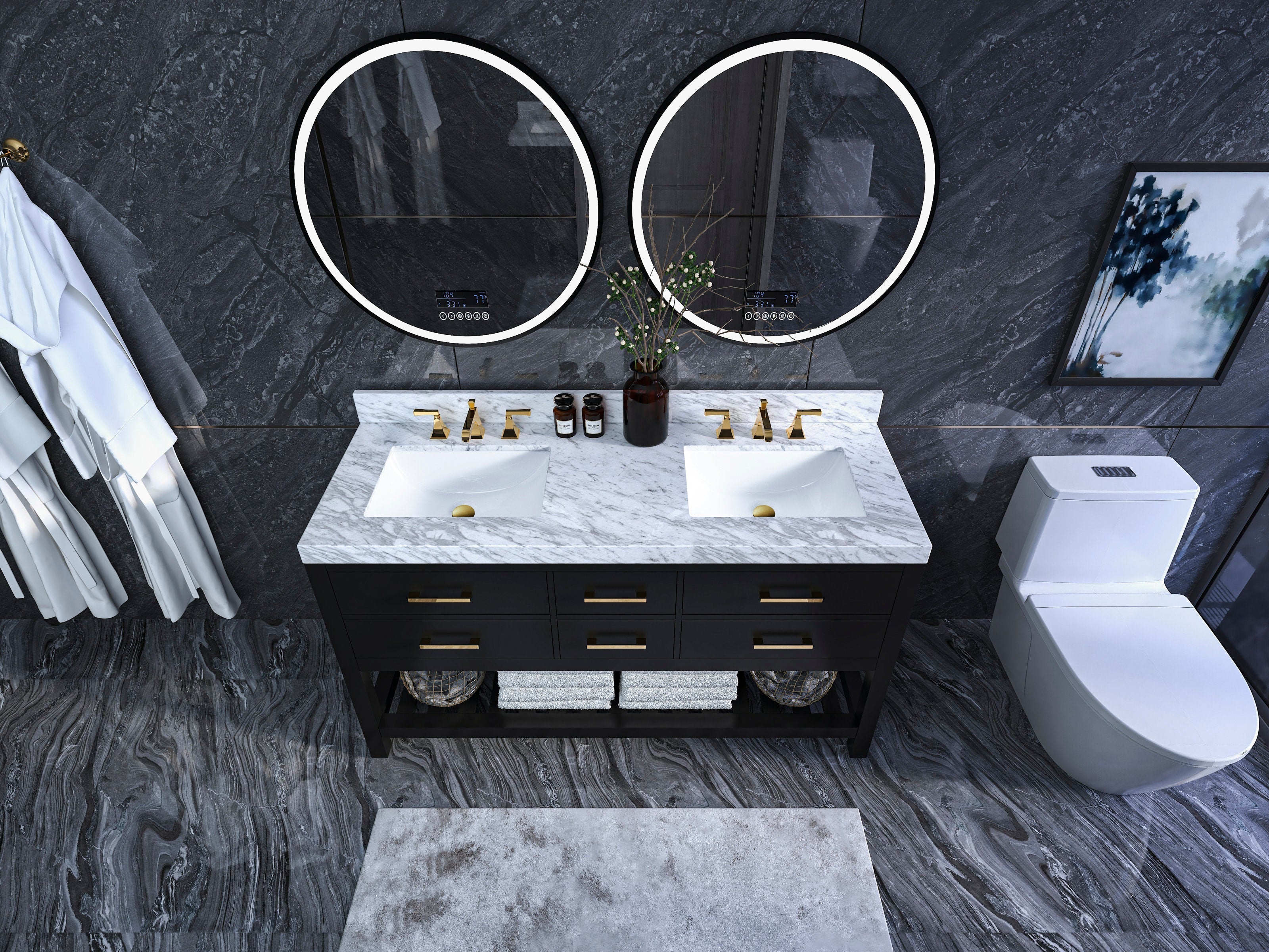 Overhead view of a 60-inch modern solid wood double-sink vanity with white marble stone top, two undermount ceramic sinks, brushed gold faucets and drawer pulls, round backlit mirrors, and dark stone tile walls and floor.