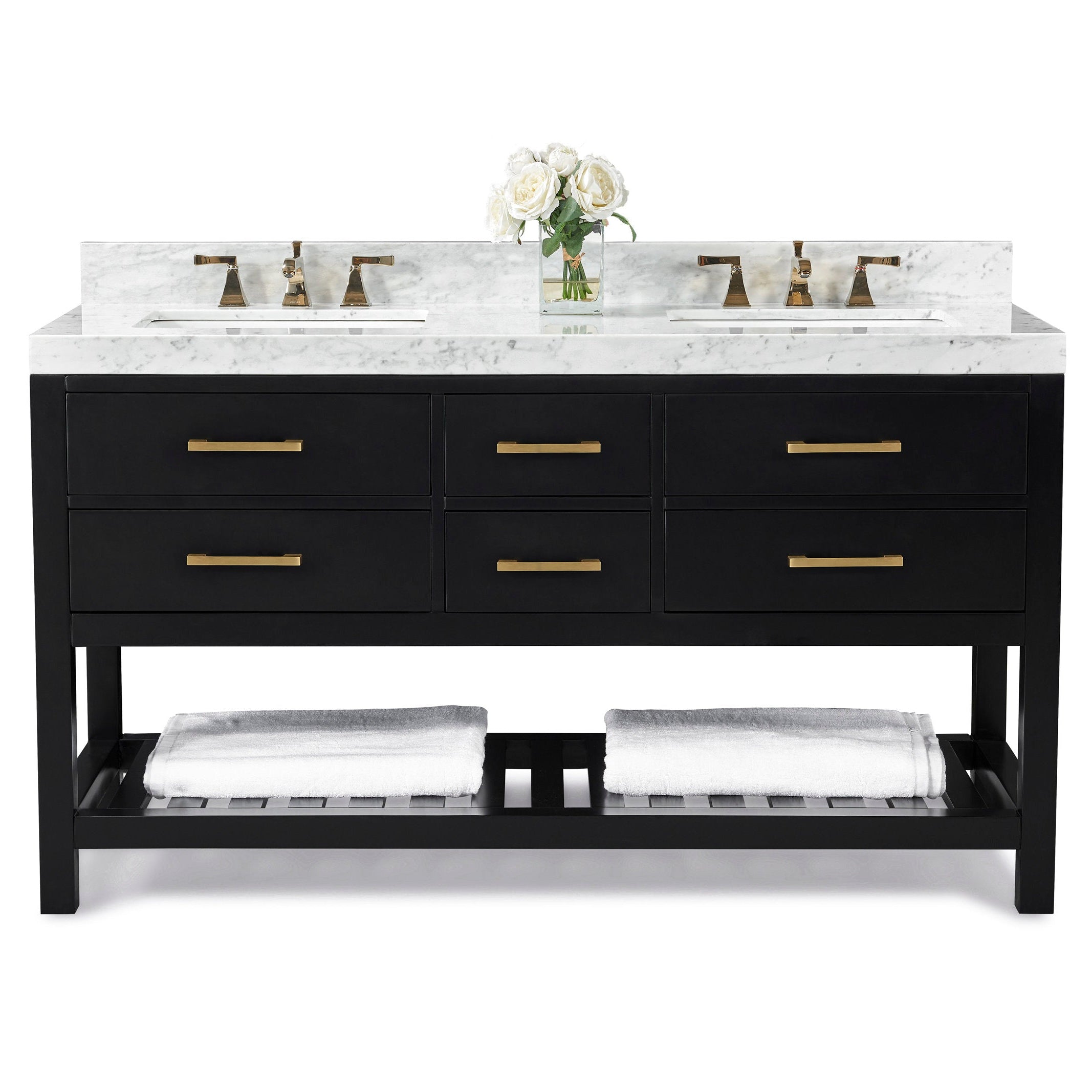 60-inch modern solid wood vanity with white stone countertop and backsplash, two undermount ceramic sinks with brass faucets, matte black six-drawer base, open slatted shelf with folded white towels and vase of white roses.