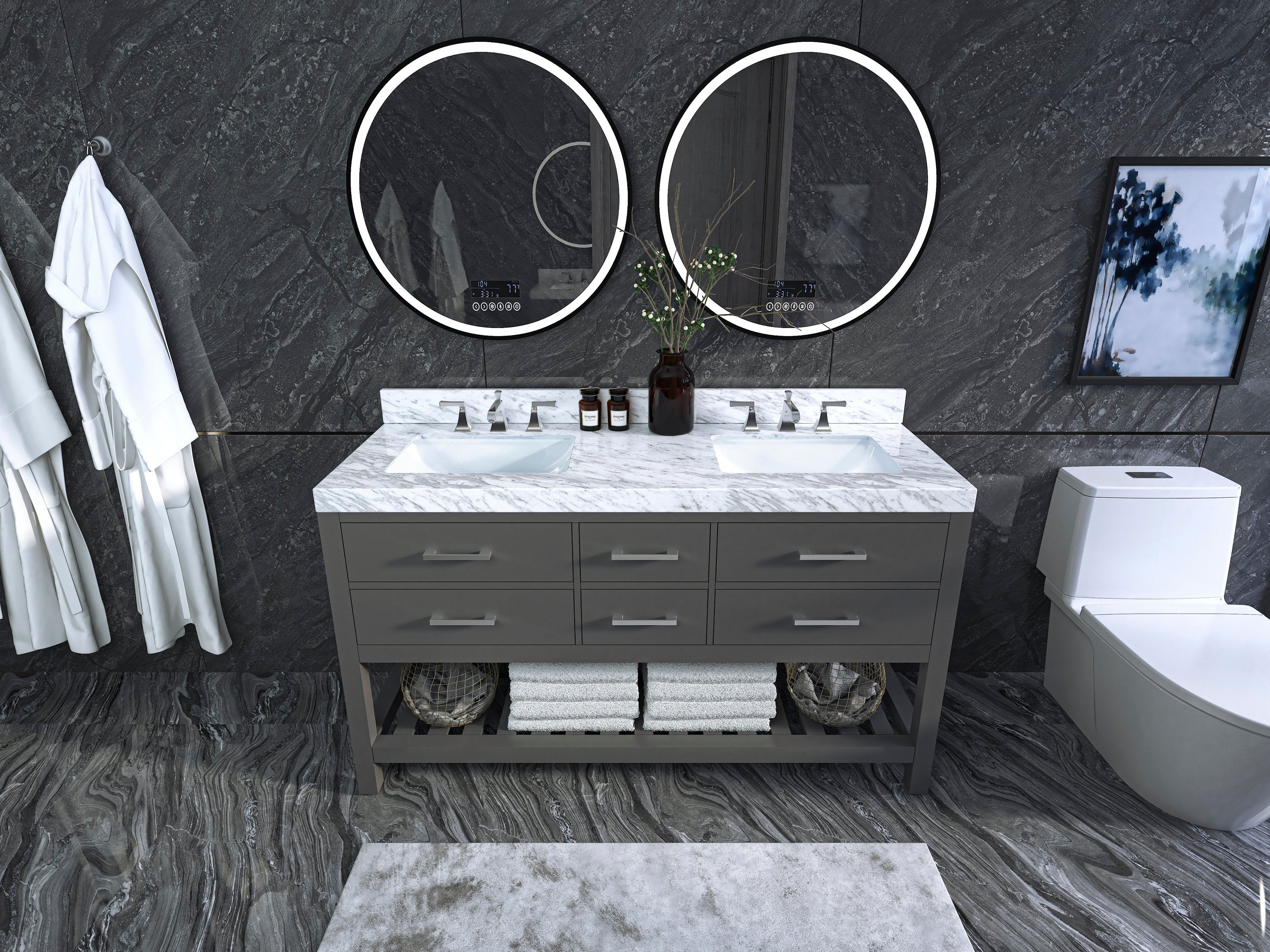60-inch modern double-sink solid wood vanity with white stone countertop and two undermount ceramic sinks, gray drawer base, brushed metal faucets, round illuminated mirrors and open shelf with towels.