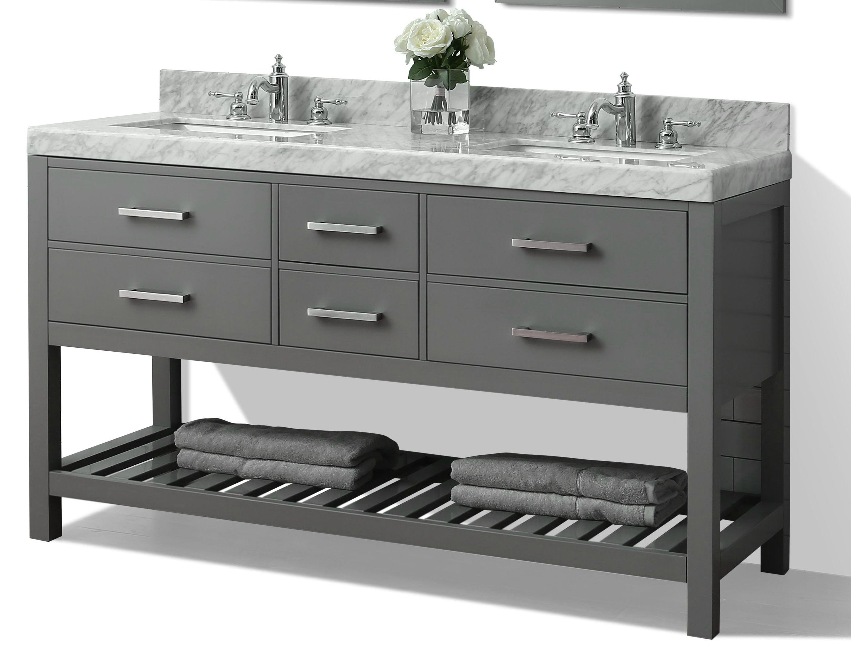 Freestanding 60-inch modern solid wood double-sink bathroom vanity in stone gray with a marble stone top, two chrome faucets, six drawers with brushed metal pulls and a lower slatted shelf holding folded gray towels.