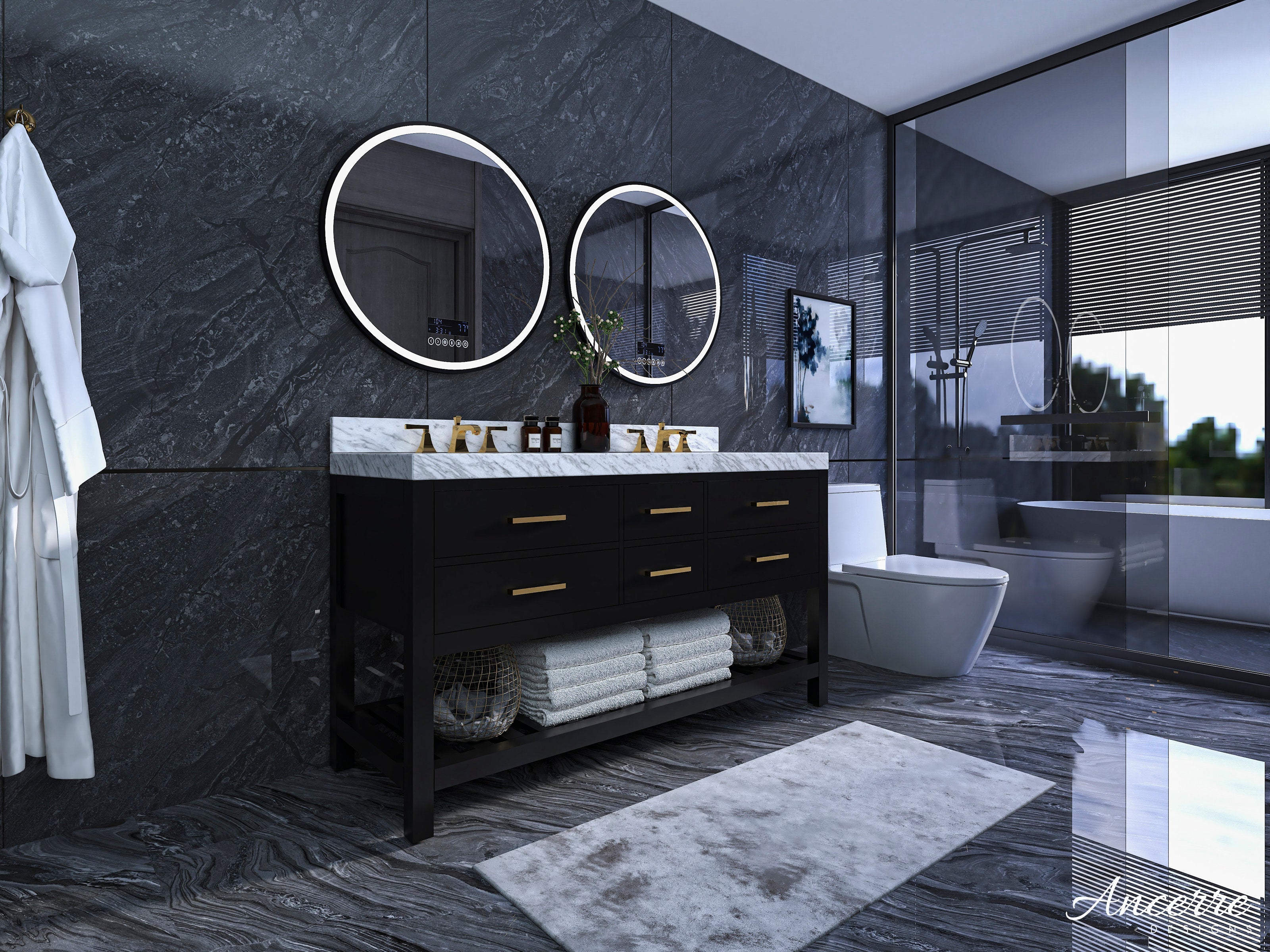 60-inch solid wood double-sink bathroom vanity in black with a stone top, brass-finish faucets and round LED mirrors; freestanding open shelf with folded towels, pictured against dark stone walls and a glass shower.