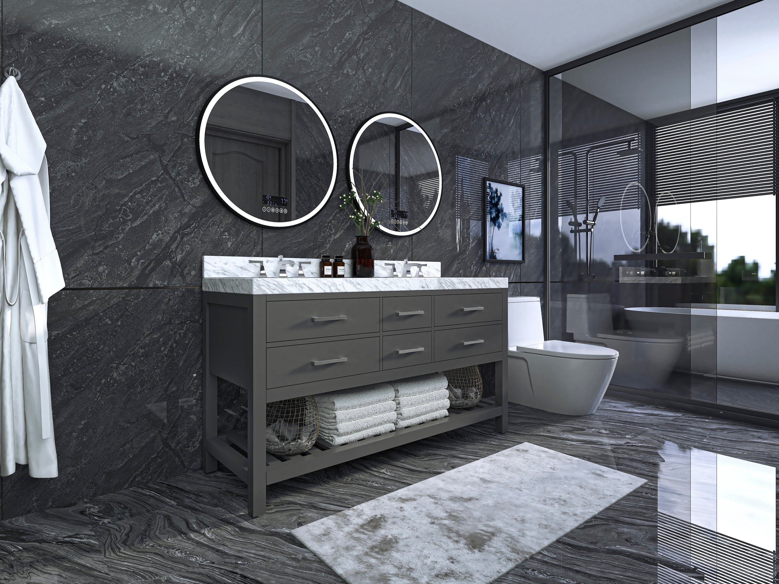 Modern 60-inch solid wood bathroom vanity in a stone finish with a white stone top, dual ceramic sinks, six drawers and open lower shelf with towels and baskets, shown with two round backlit mirrors in a contemporary bath.