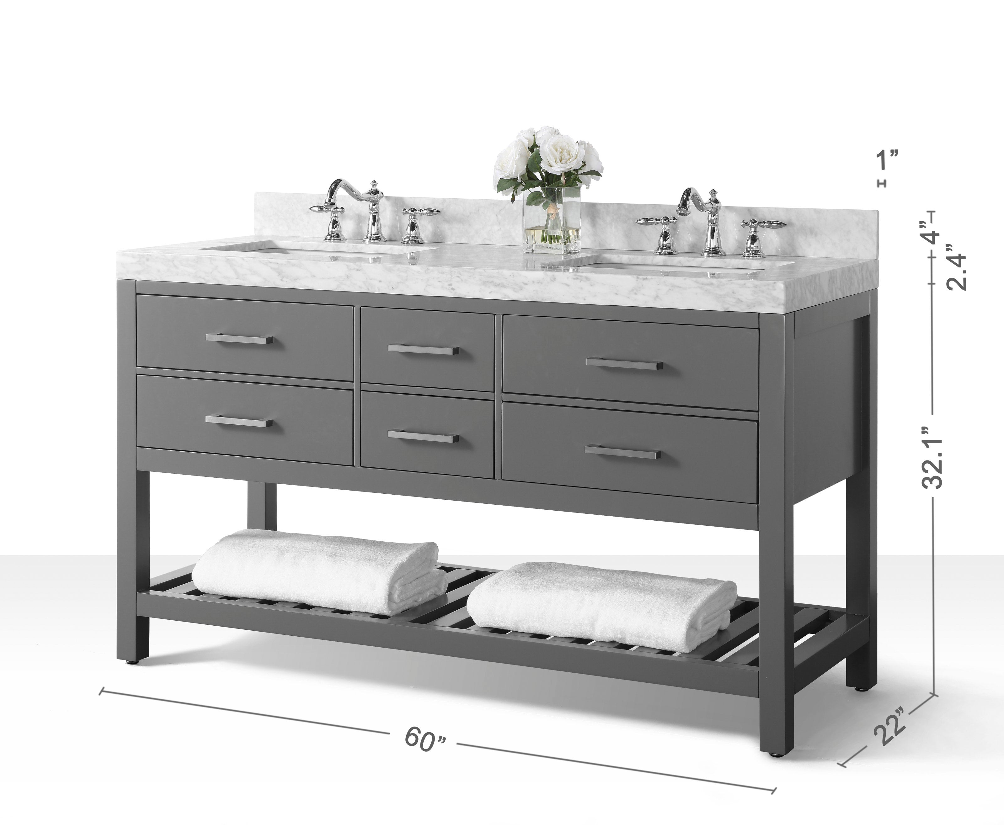 60-inch modern double-sink bathroom vanity with a white stone countertop and two chrome faucets, stone-gray solid wood base with six drawers and metal bar pulls, slatted lower shelf holding folded white towels and a vase of white flowers.