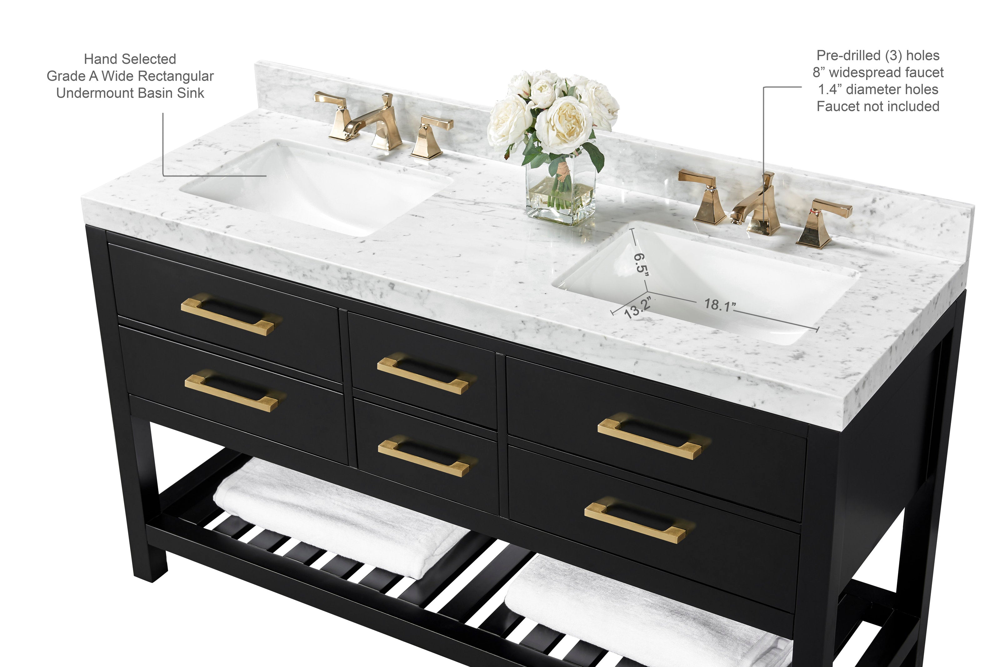 60-inch modern solid wood double-sink vanity with stone top and black wooden base, two rectangular undermount ceramic sinks, brushed gold faucets and drawer pulls, slatted lower shelf with folded white towels and a small glass vase of flowers.