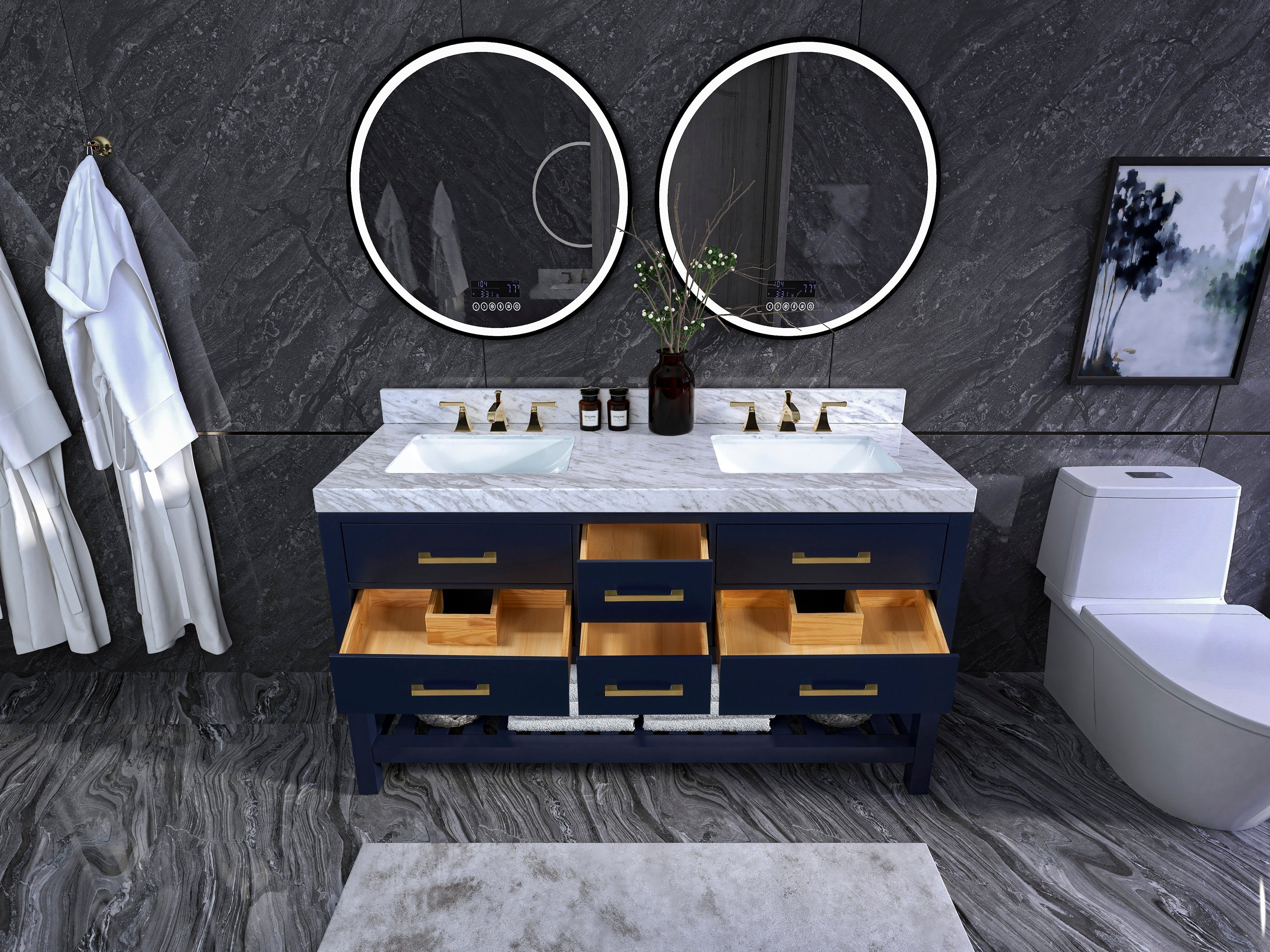 Contemporary 60-inch solid wood double-sink vanity with a stone top, navy-blue wooden base, two white ceramic sinks, brushed-gold faucets and pulls, open drawers showing natural wood interiors, and two round illuminated mirrors above.