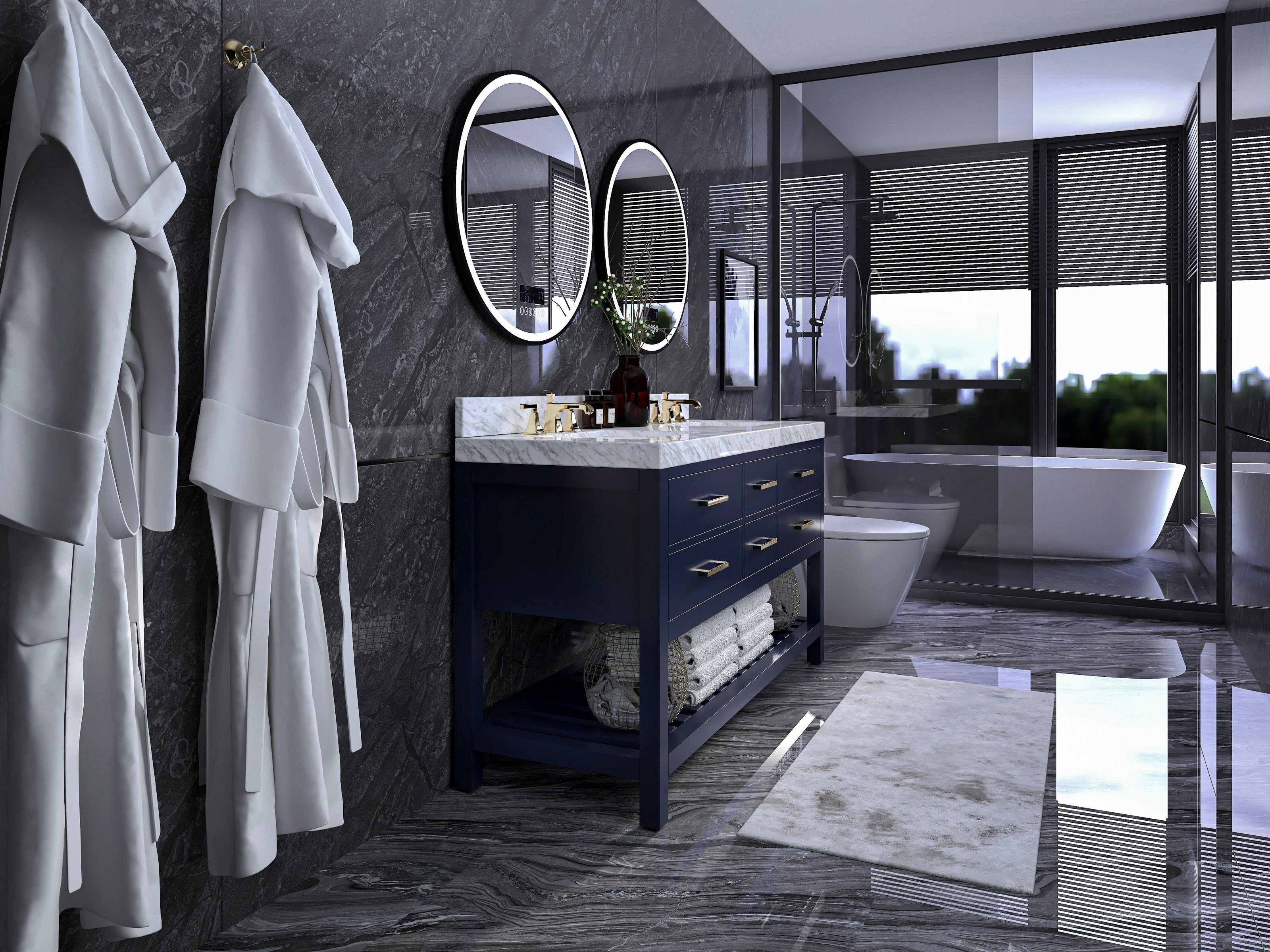 Modern contemporary 60-inch solid wood double-sink vanity with a stone top and brass faucets, open towel shelf, two round mirrors, white robes on wall hooks, freestanding tub and glass shower in a gray stone bathroom.