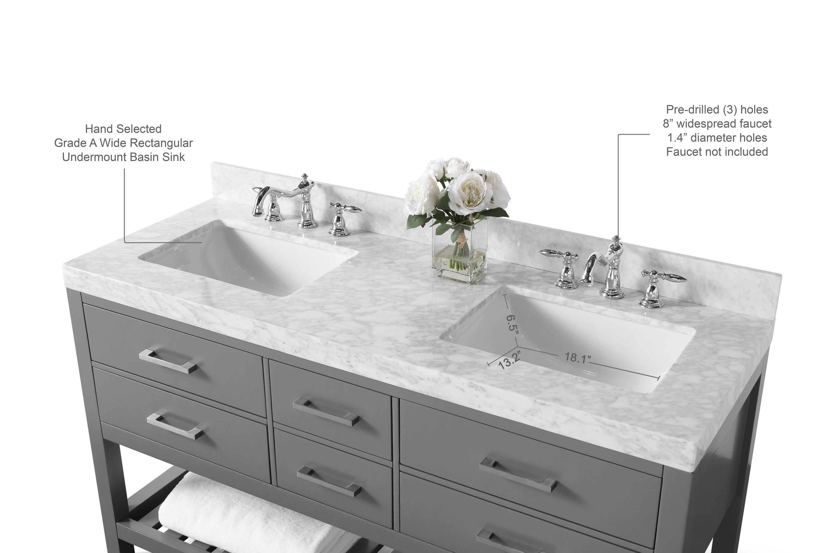 60-inch modern solid wood bathroom vanity with a stone marble top, two rectangular undermount white ceramic sinks, chrome widespread faucets, gray wooden cabinet with six drawers and a lower open towel shelf.