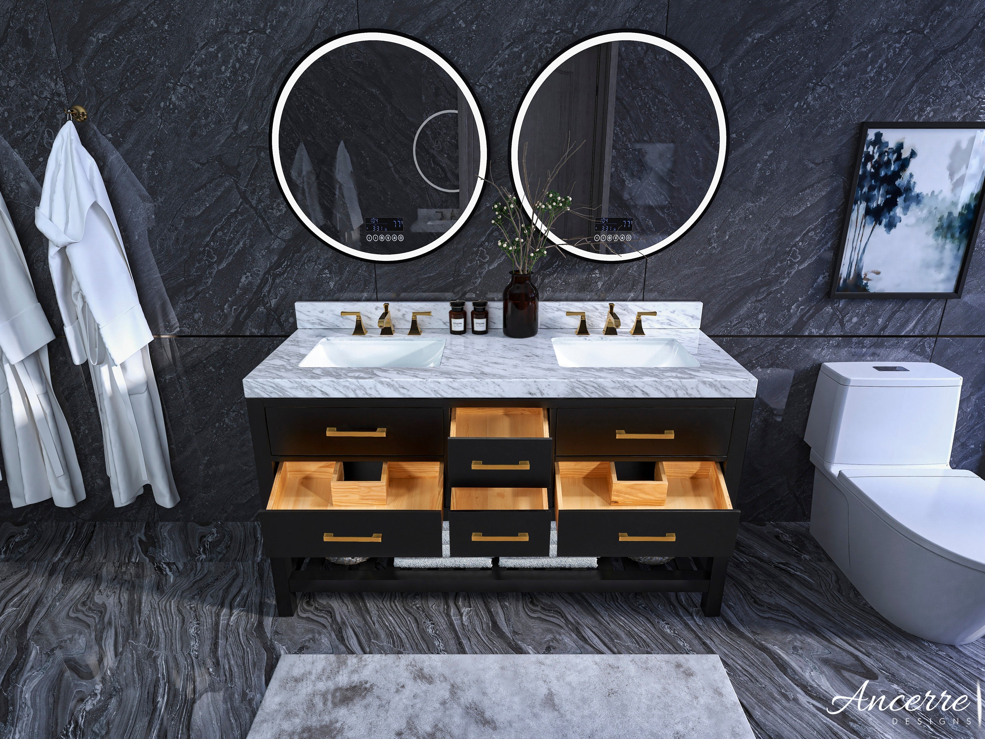 Modern 60-inch solid wood double sink vanity with stone marble top, two white ceramic undermount sinks, brass faucets and handles, open wooden drawers, round LED mirrors, and a freestanding shelf in a dark stone bathroom.