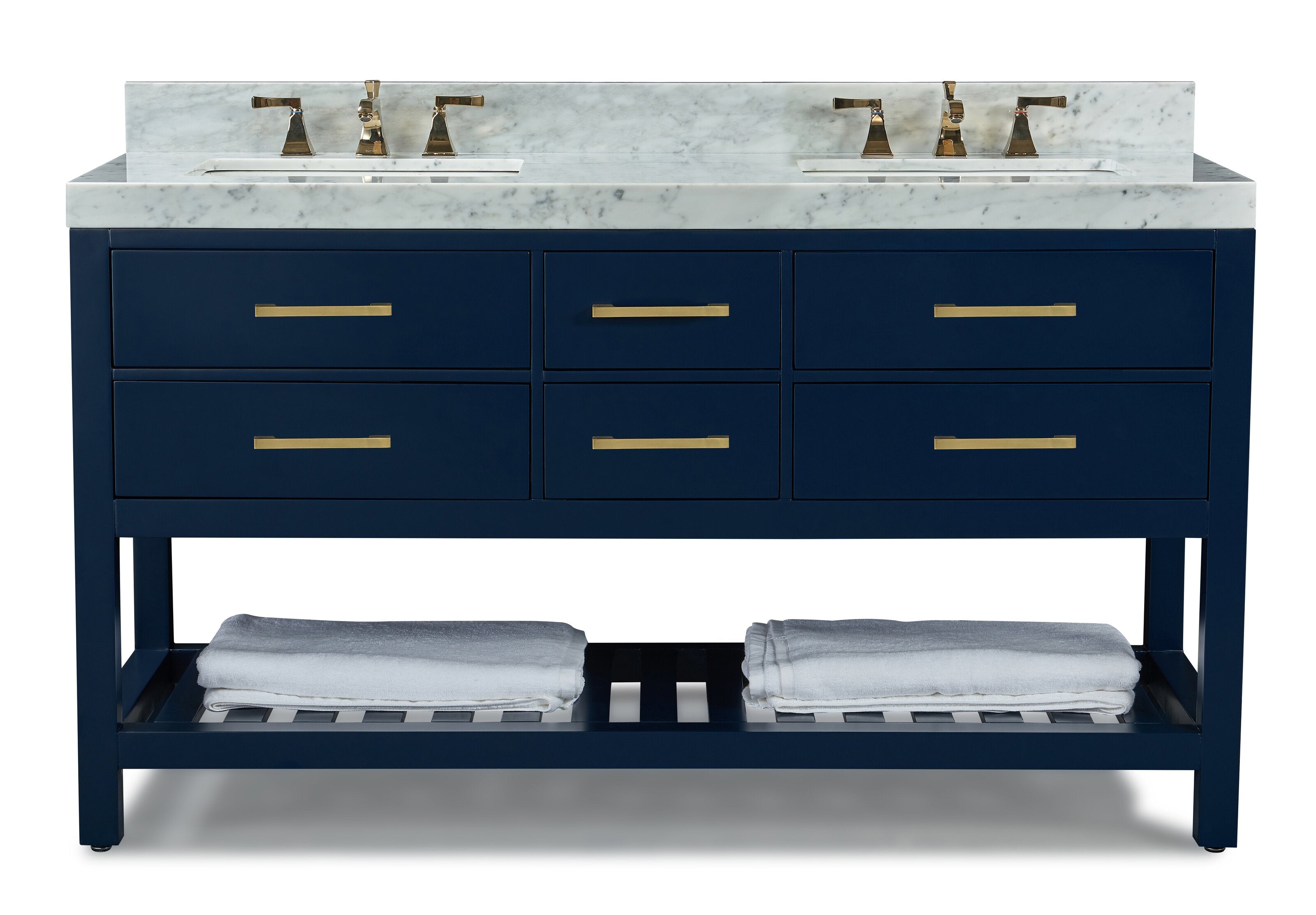 Solid wood 60-inch freestanding double-sink vanity in navy with a stone marble top, two ceramic undermount sinks, brushed gold faucets and drawer pulls, six drawers and a slatted lower shelf holding folded white towels.