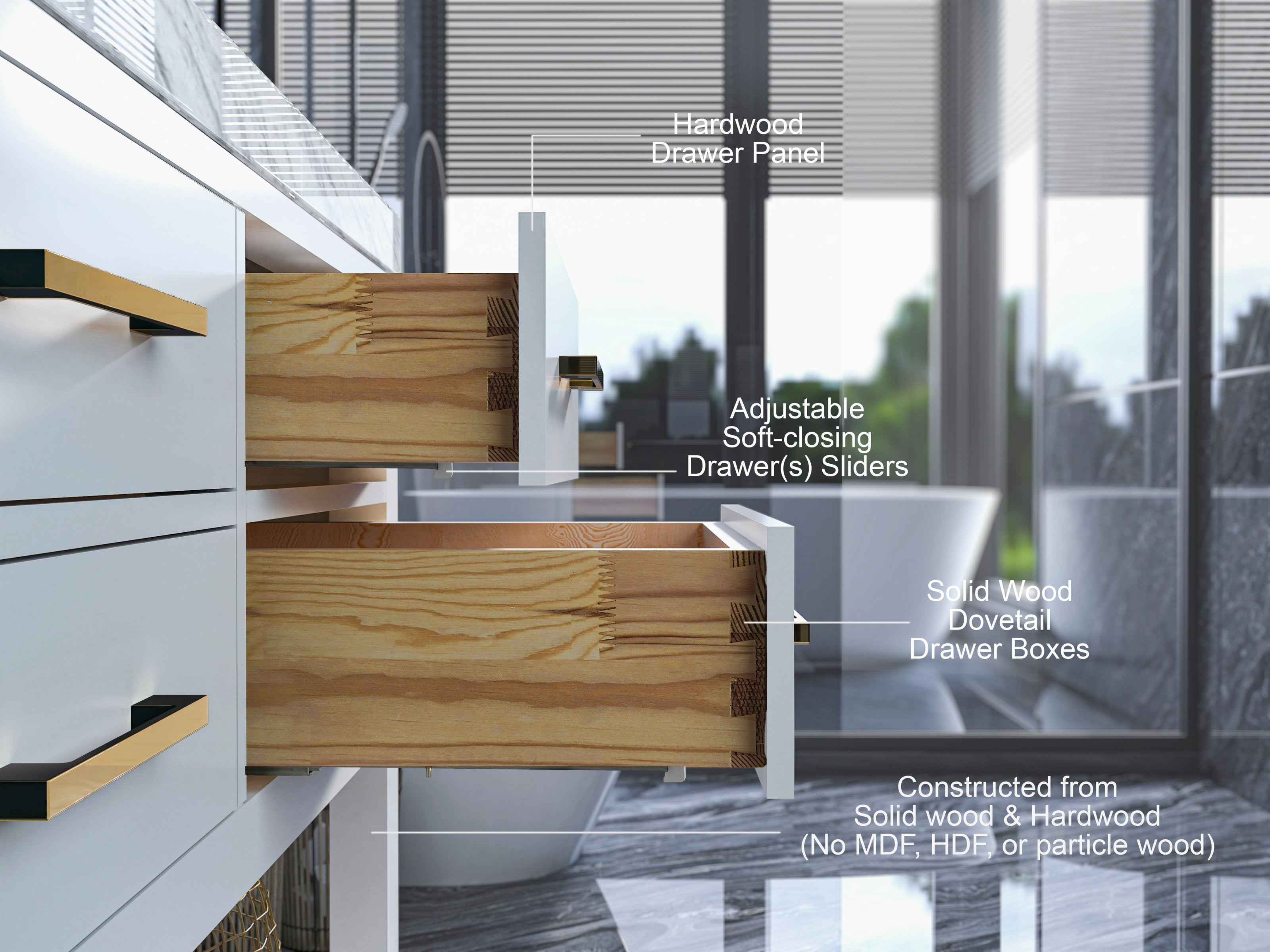 Close-up of a modern 60-inch freestanding bathroom vanity in stone and white, showing a stone countertop, exposed solid wood dovetail drawer boxes, gold bar handles, soft-closing sliders, and a tub with large windows behind.