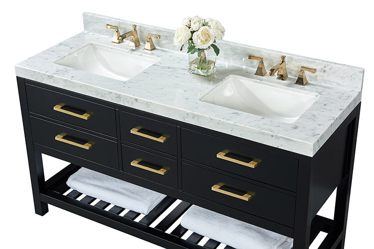 60-inch solid wood double-sink vanity with a stone marble top, two white undermount ceramic sinks, brushed gold faucets and drawer pulls, black open-shelf base with slatted towel shelf and a small vase of white flowers.